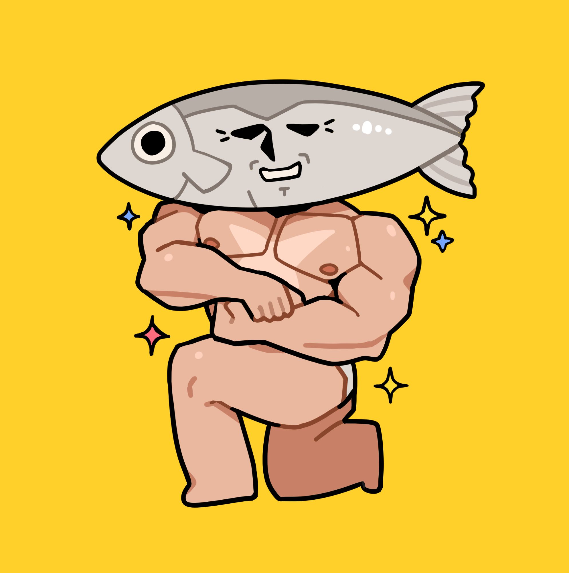 An illustration of Sanmaman a character from my manga "Go! Go! Gris!".
He's muscular man who's head is a fish and is posing like a body builder.