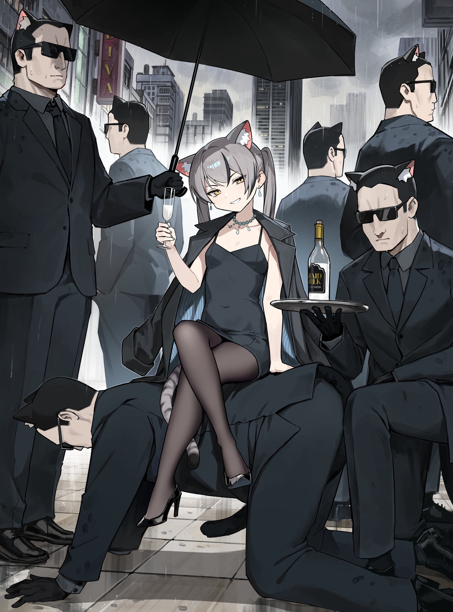 Viska, a silver haired elegant cat girl with twin tails, surrounded by cat men bodguards. She sits on the back of one while another served her milk.