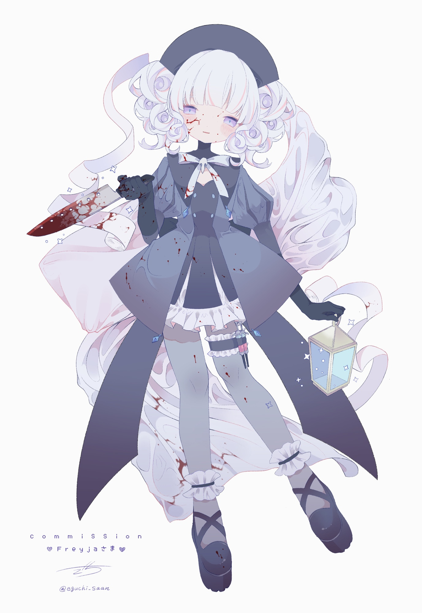 Petite anime girl with white curly pigtails, holding a knife in one hand and a lantern in the other. She is dressed like a lolita adjacent plague doctor.