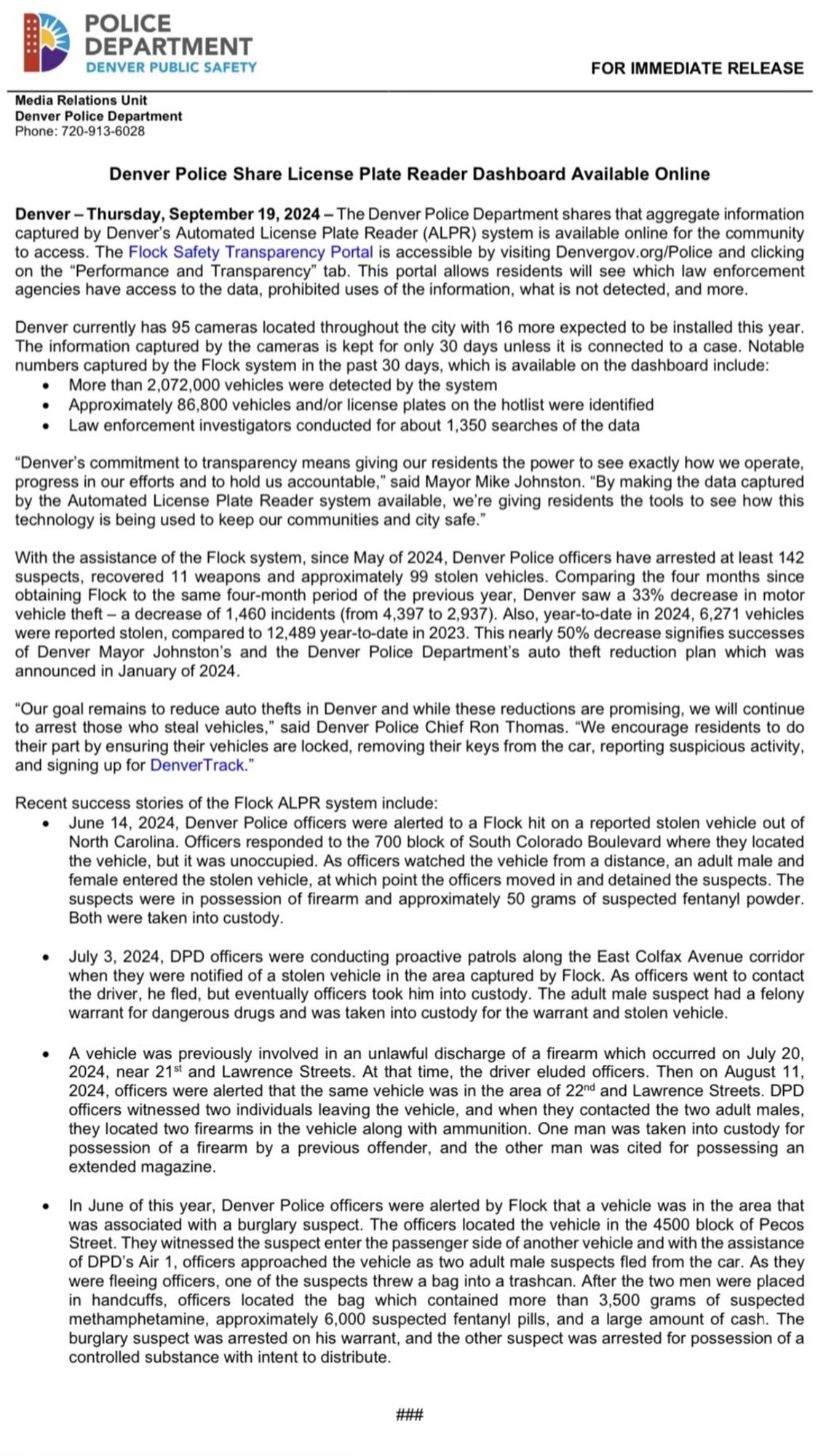 Press release from the Denver Police Department about mass surveillance leading to recover of 99 vehicles.  Out of 6000 reported stolen.