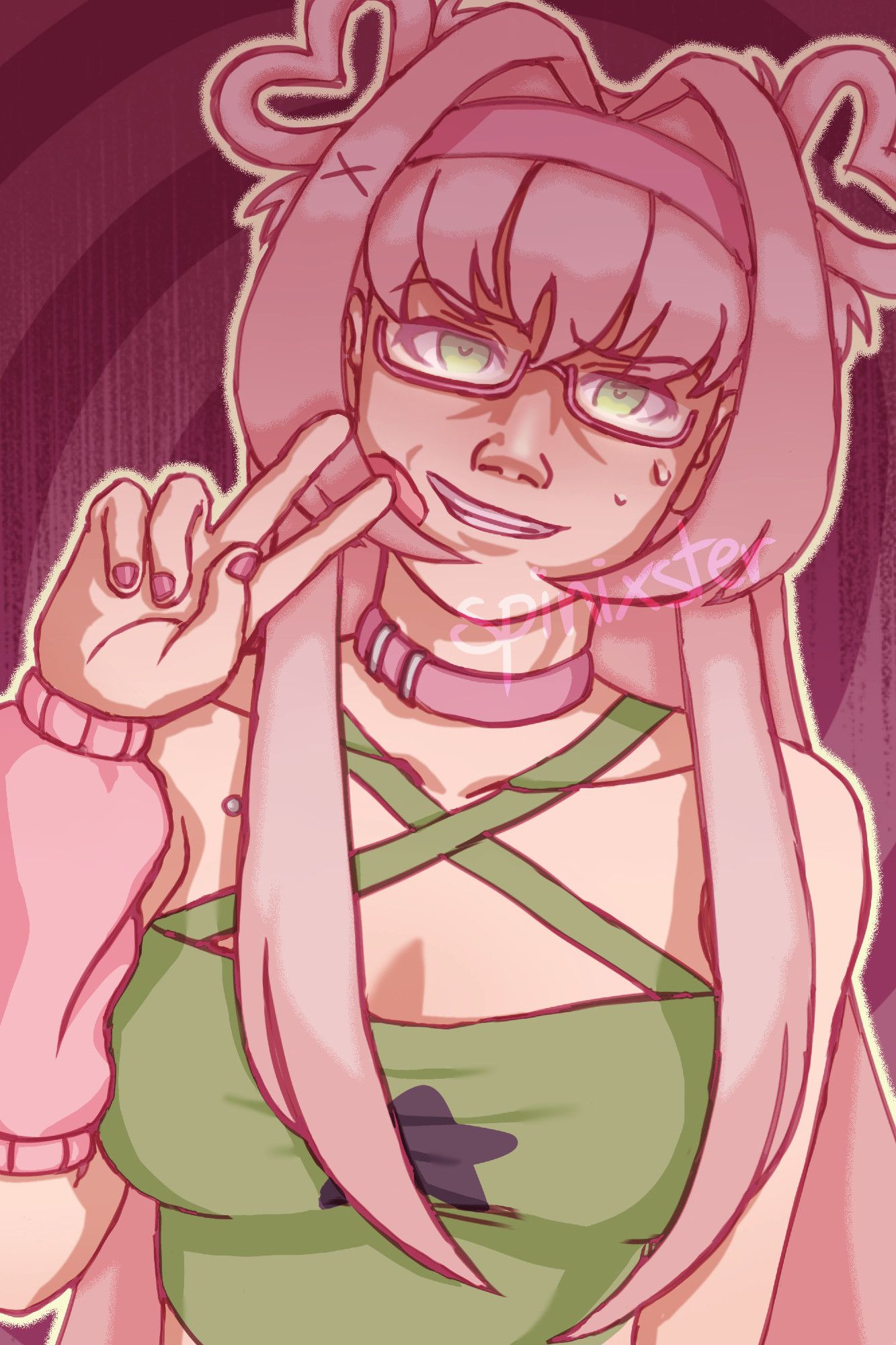 A girl with pink hair and green eyes uncomfortably doing a V sign.