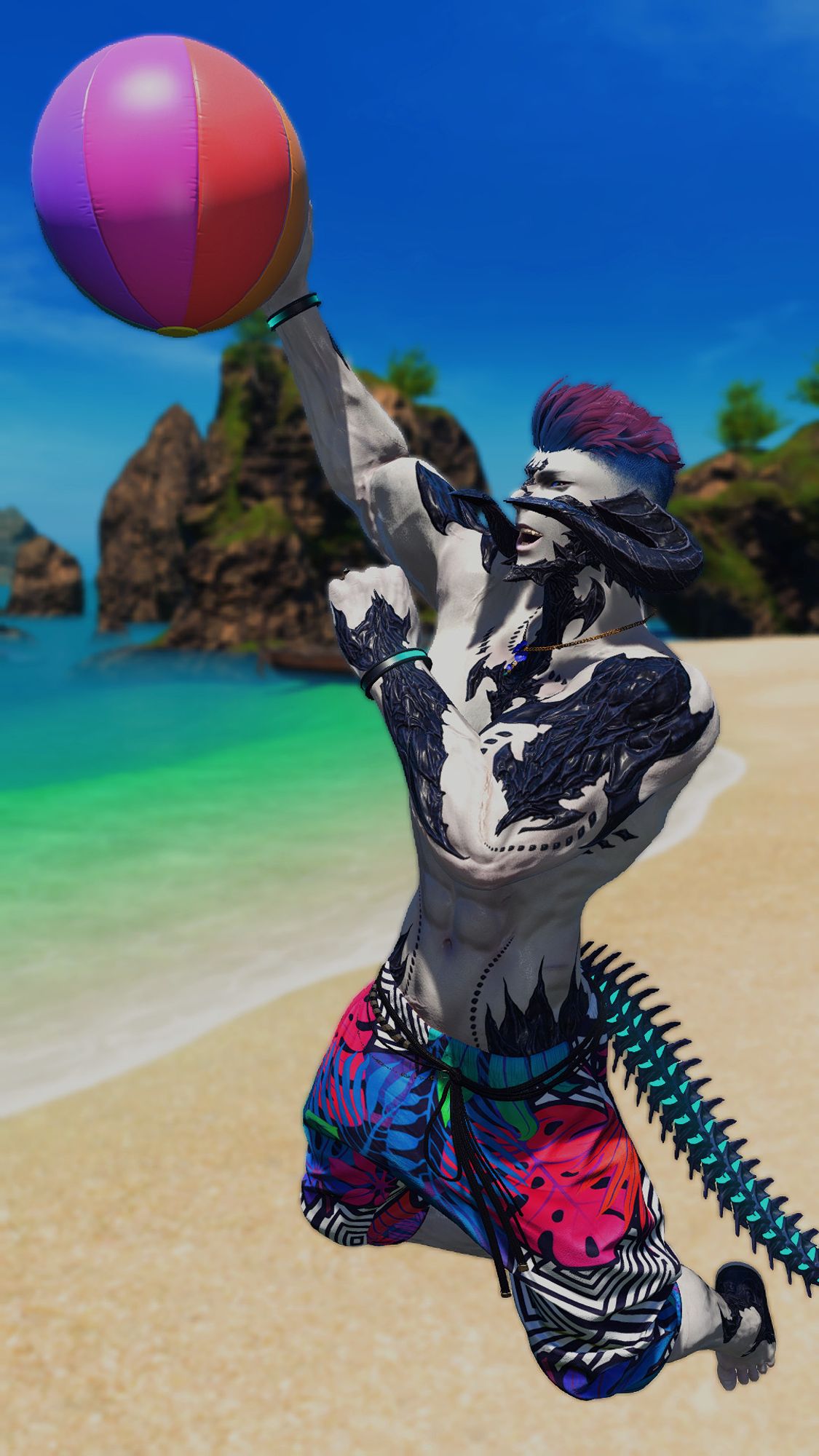 A large Au Ra man jumping up with his arm extended to spike a beach ball with a big smile on his face.