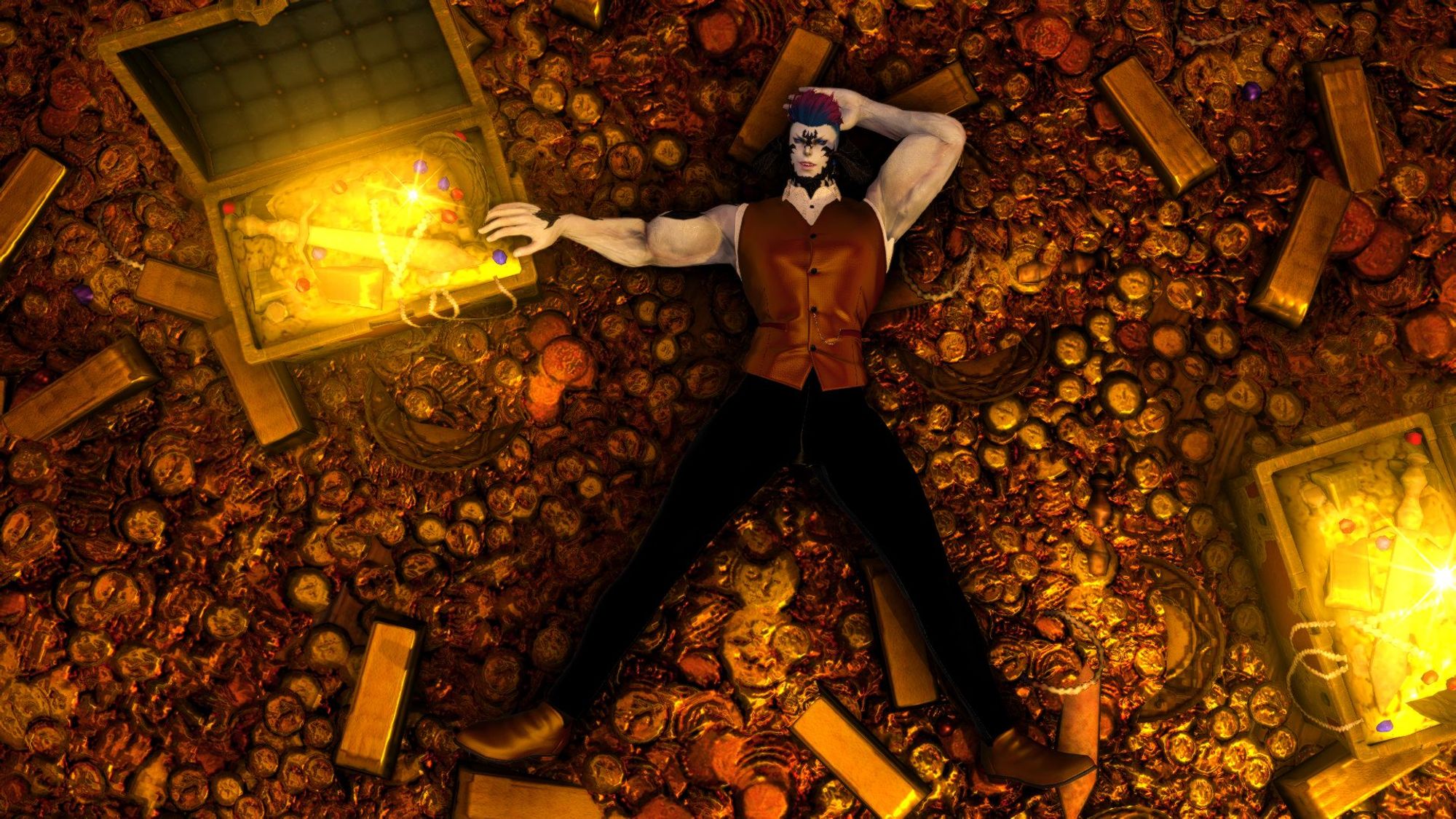 A large Au Ra man laying atop a pile of gold bars and coins. His hand is resting on a golden chest of glowing coin and he is looking up and smiling. He is wearing a golden vest and shoes.