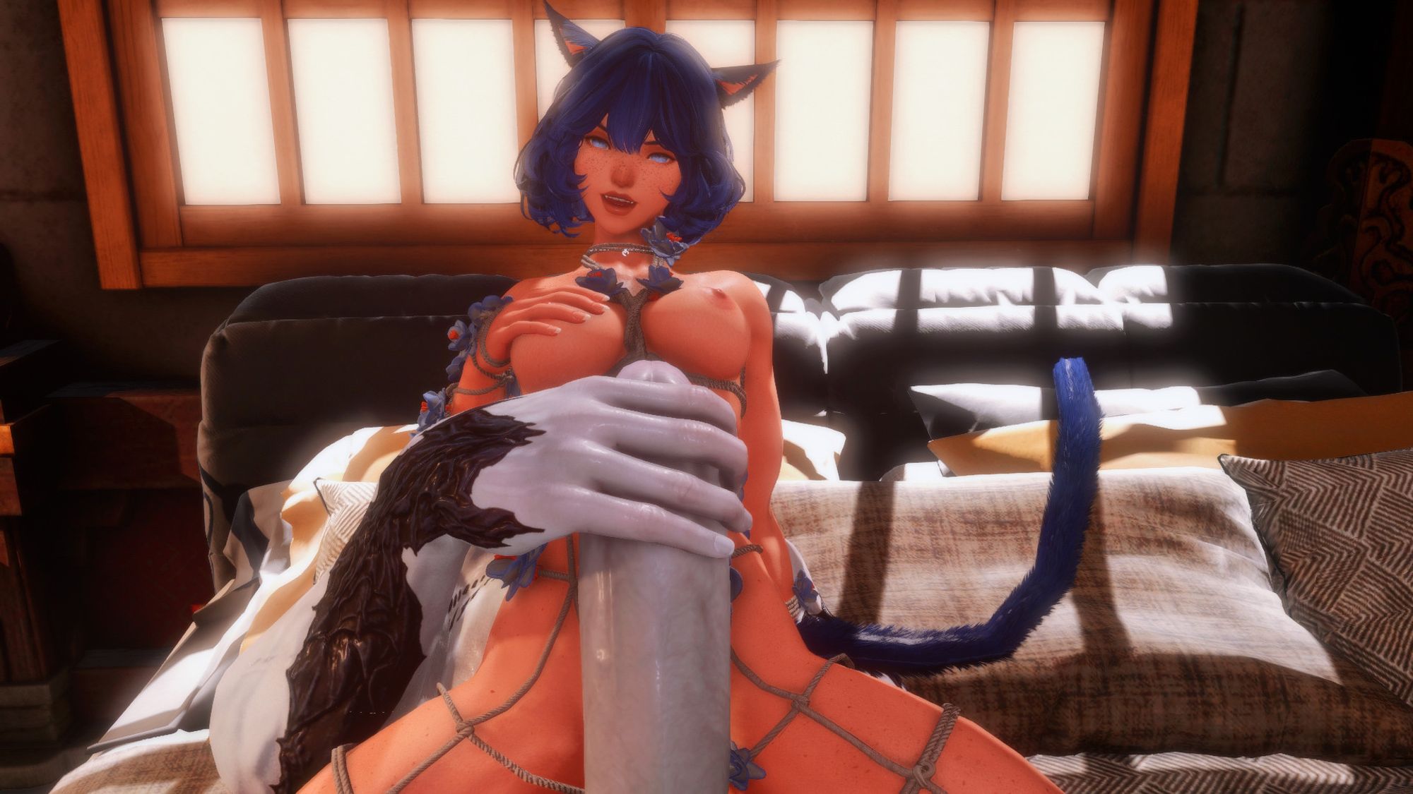 A small Miqo riding on top of a large Au Ra man. His hand is holding his massive member as the miqo grinds against it, cupping her own breast. She is wearing Shibari adorned with flowers.