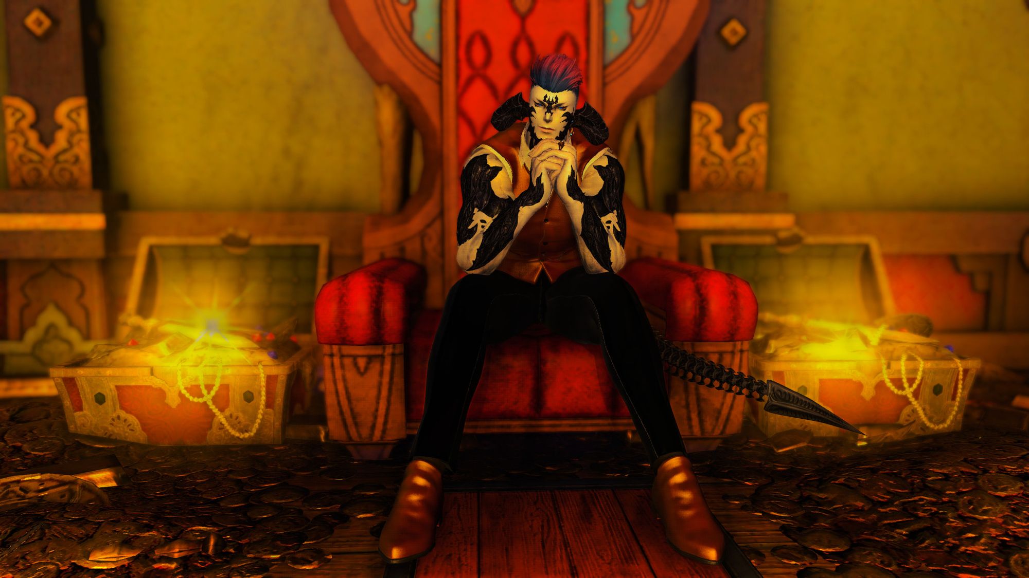 A large Au Ra man sitting on a throne surrounded by gold and glowing chests full of coins. He is leaning forward on his fists smirking at the camera. He is wearing a golden vest and golden shoes.