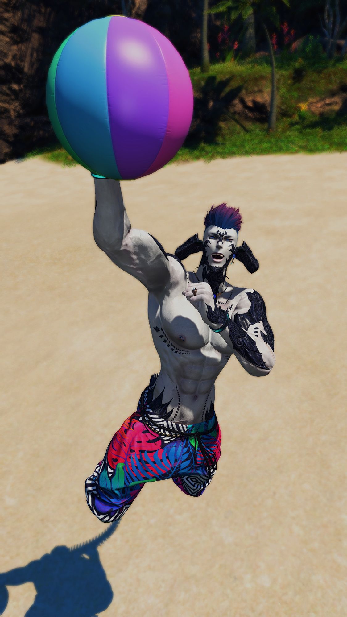 A large Au Ra man jumping up with his arm extended to spike a beach ball with a big smile on his face.