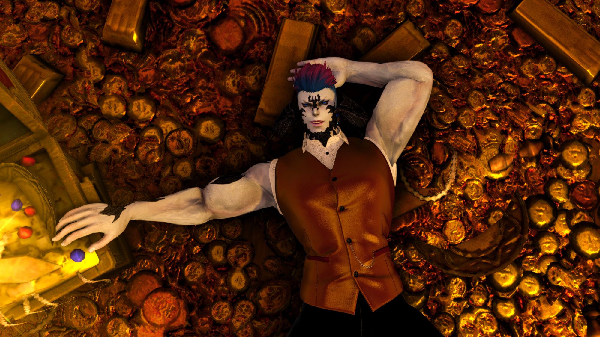 A large Au Ra man laying atop a pile of gold bars and coins. His hand is resting on a golden chest of glowing coin and he is looking up and smiling. He is wearing a golden vest.