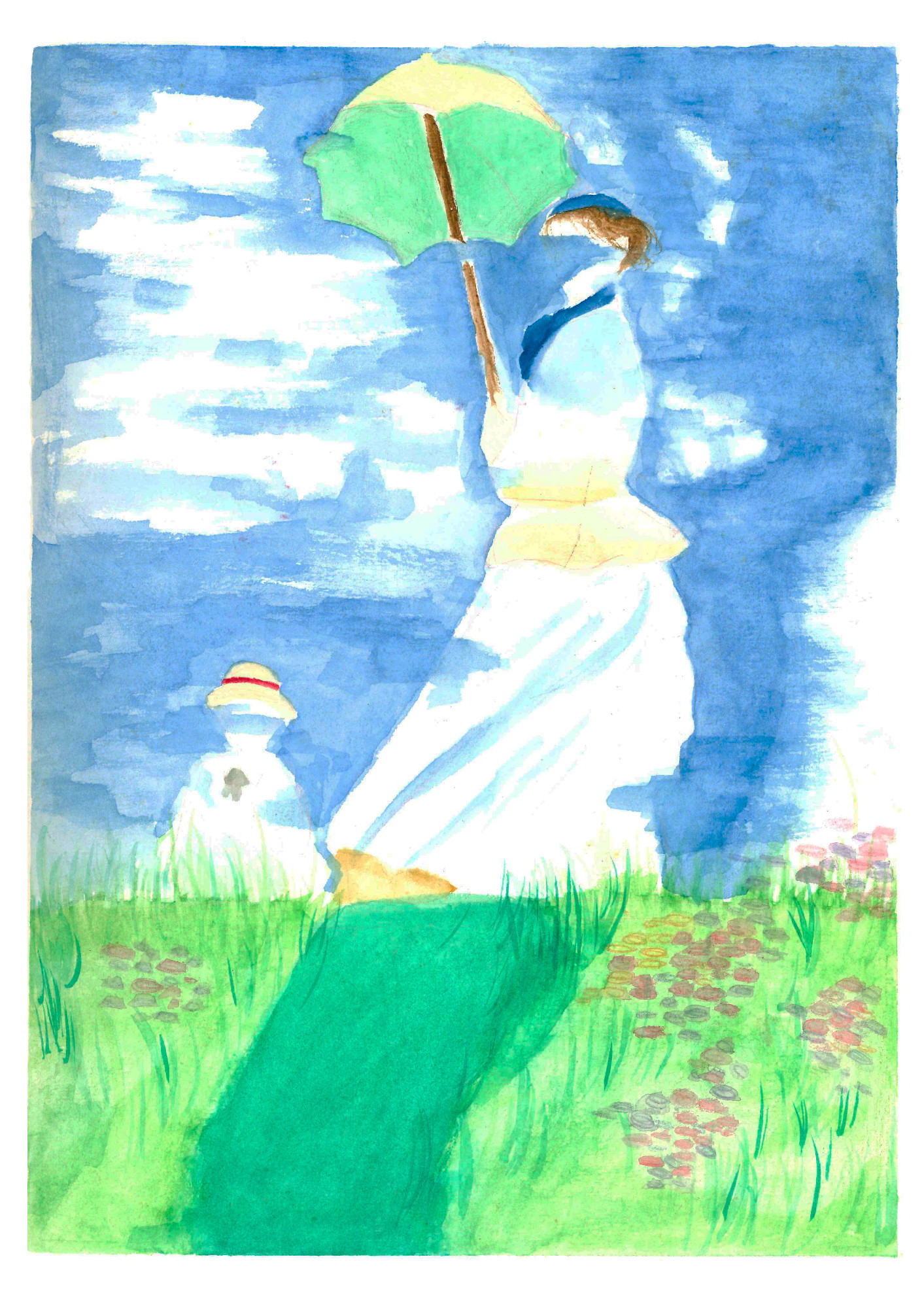 Uma releitura da pintura Mulher com parasol de Claude Monet feita com aquarela e lápis de cor. A ilustração mostra uma mulher usando roupas claras, parada em um campo florido e segurando uma sombrinha, ao seu lado uma criança também usando roupas claras. O céu se estende ao redor deles e começando a sobrepor as duas figuras, que apresentam apenas um borrão azul sobre o rosto no lugar de suas faces.