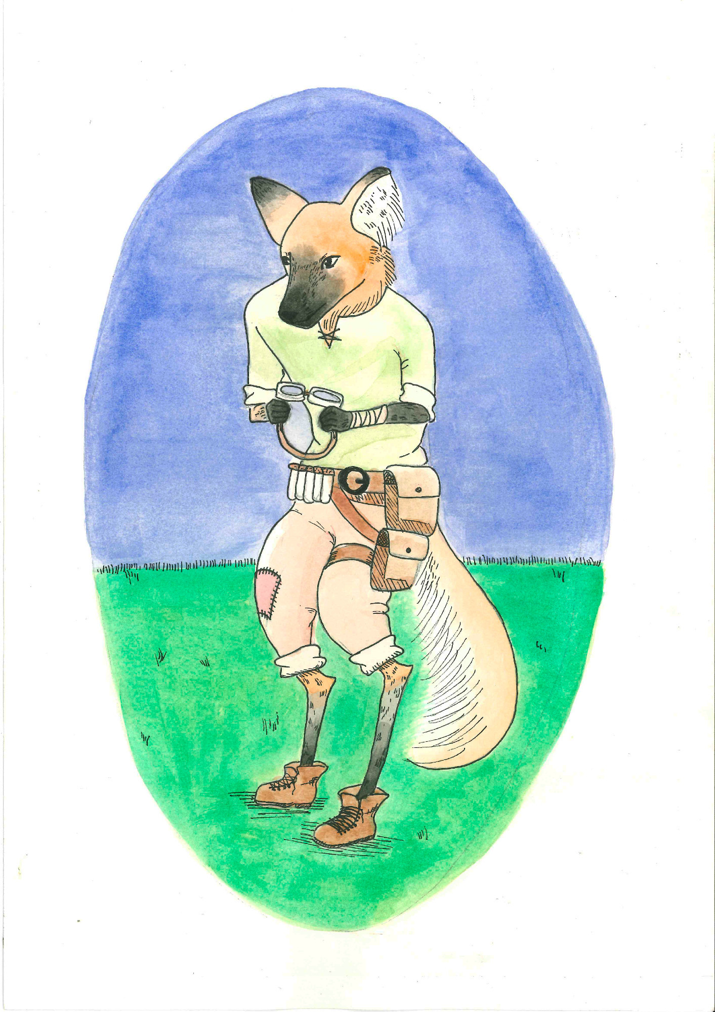 Ilustração em nanquim e aquarela de um lobo guará antropomorfizado usando roupas campestres e segurando óculos de proteção nas mãos, o lobo guará está em pé em um campo aberto com o céu azul ao fundo