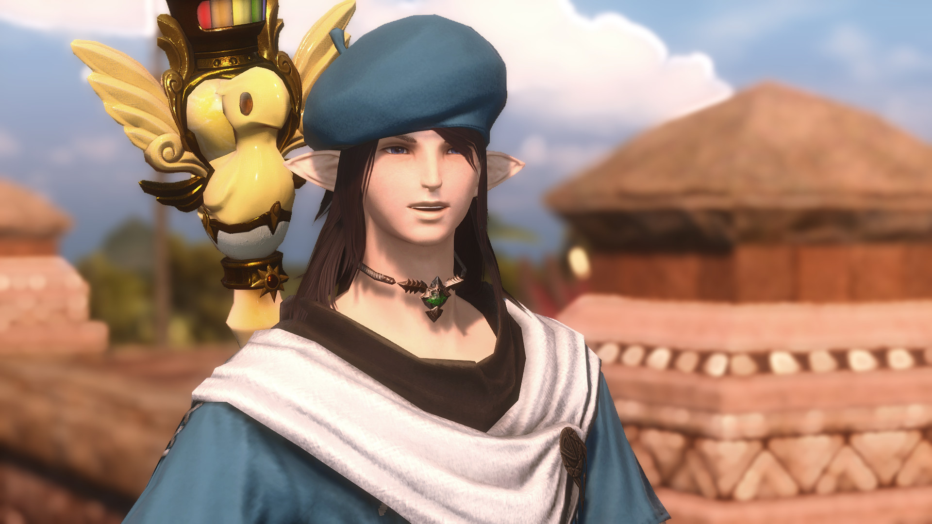 Emmanellain de Fortemps, second son of House Fortemps in Final Fantasy XIV. He is a bit of a dandy, likes blue (hence the blue top and janty blue beret). He's got a big smile because I turned him into a pictomancer. 