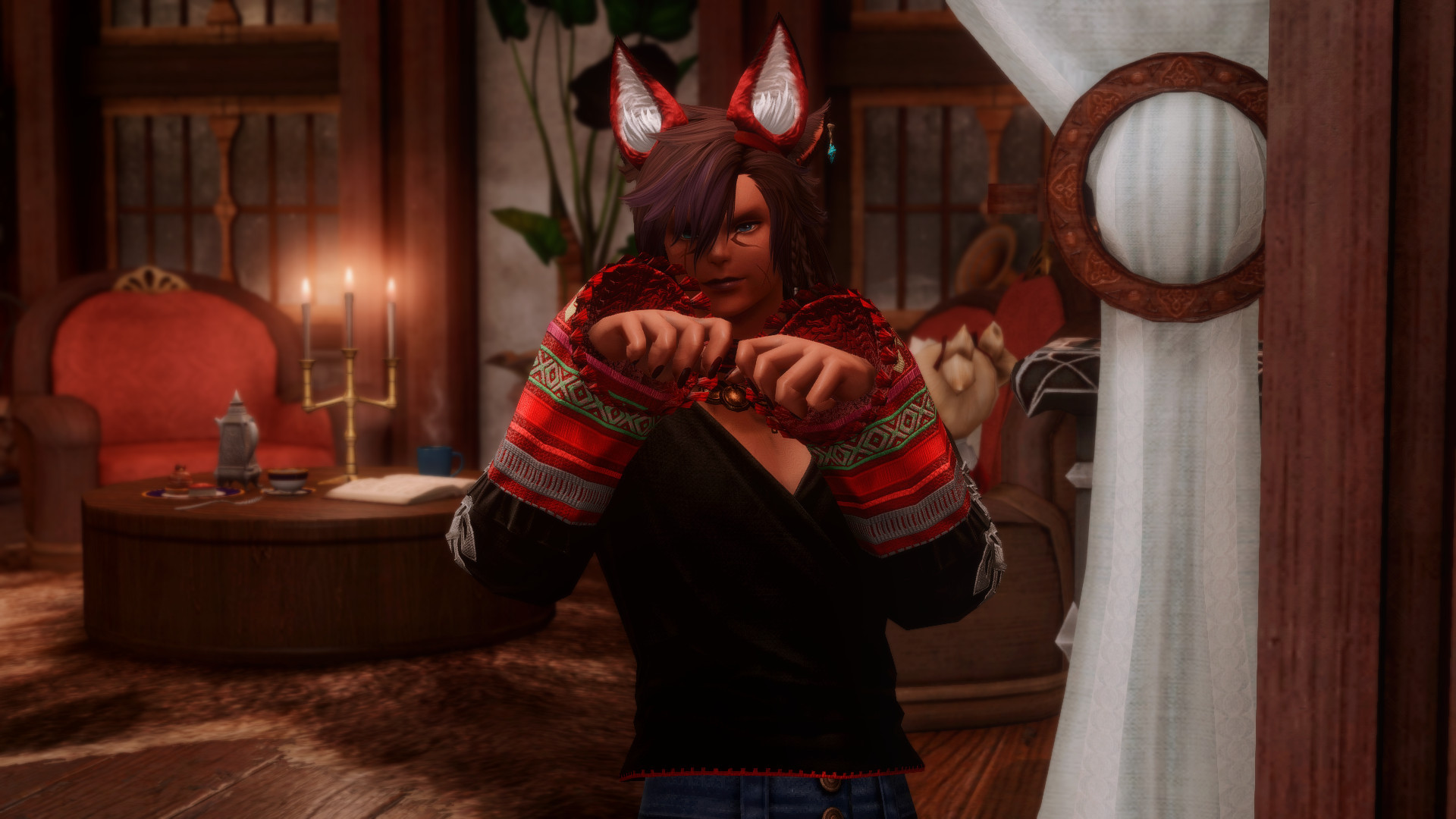 Smirking Miqot'e (catperson) Warrior of Light wearing fake fox-ears, holding their hands up like a kitten begging for more catnip.