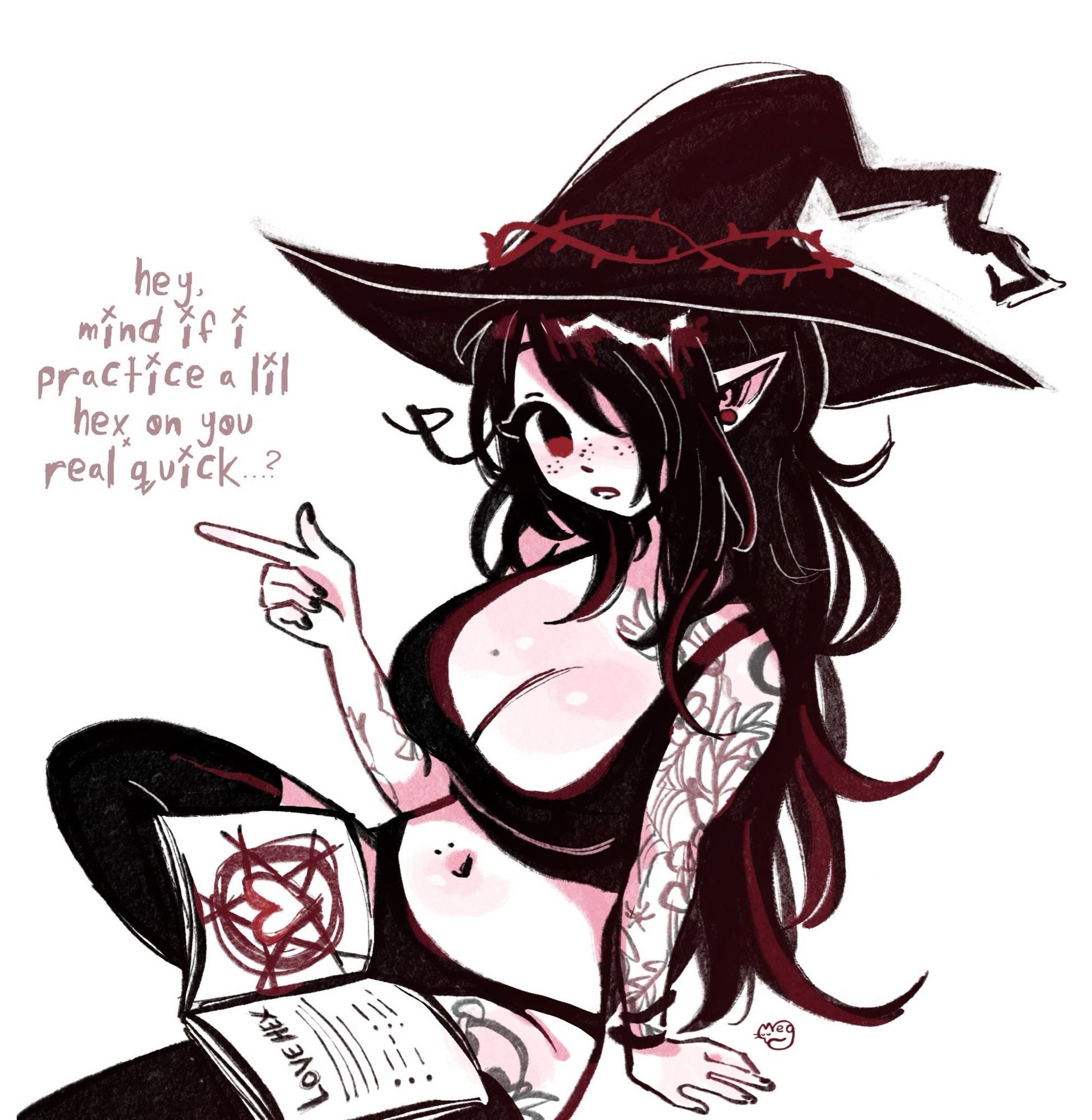 meg as a witch reading a book on hexes, trying to cast a love hex saying "hey, mind if i practice a lil hex on you real quick?"