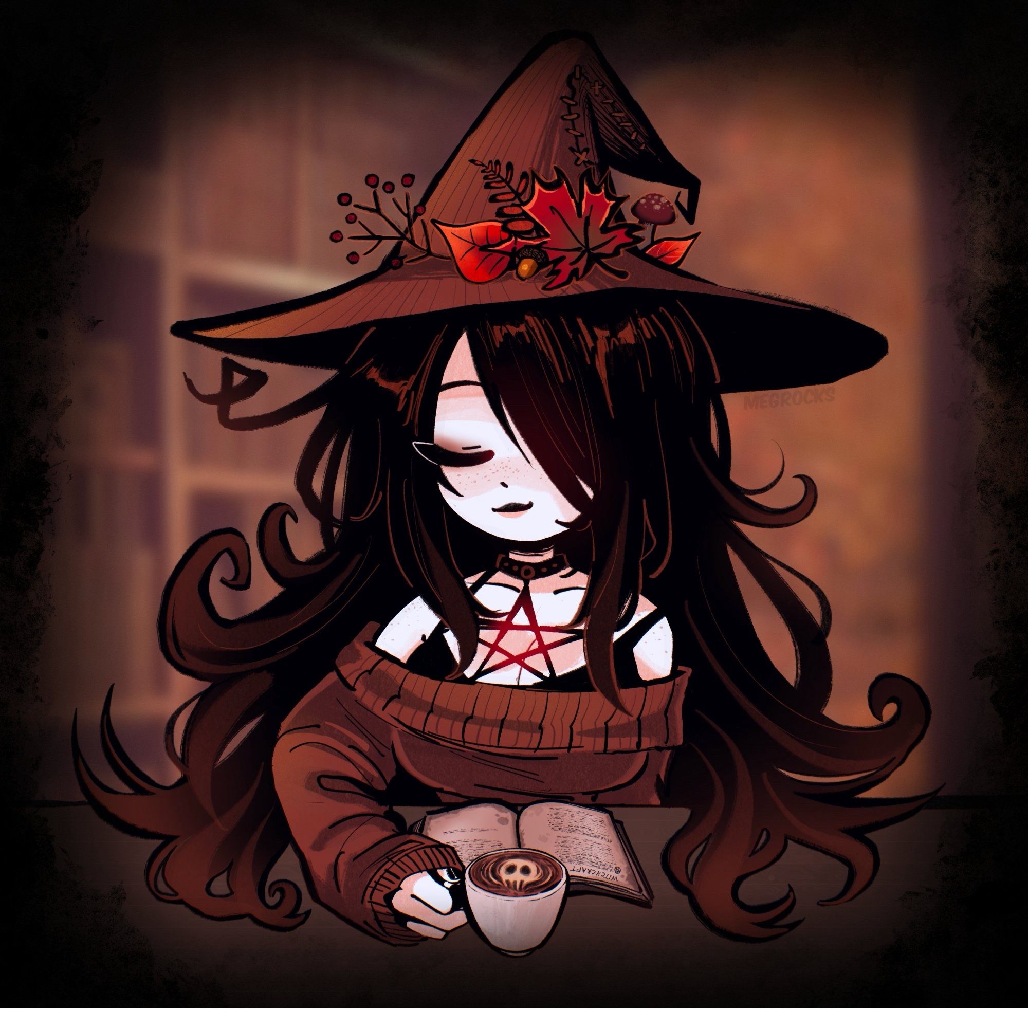 autumnal goth witch drinking a skull cappuccino and reading a book on witchcraft