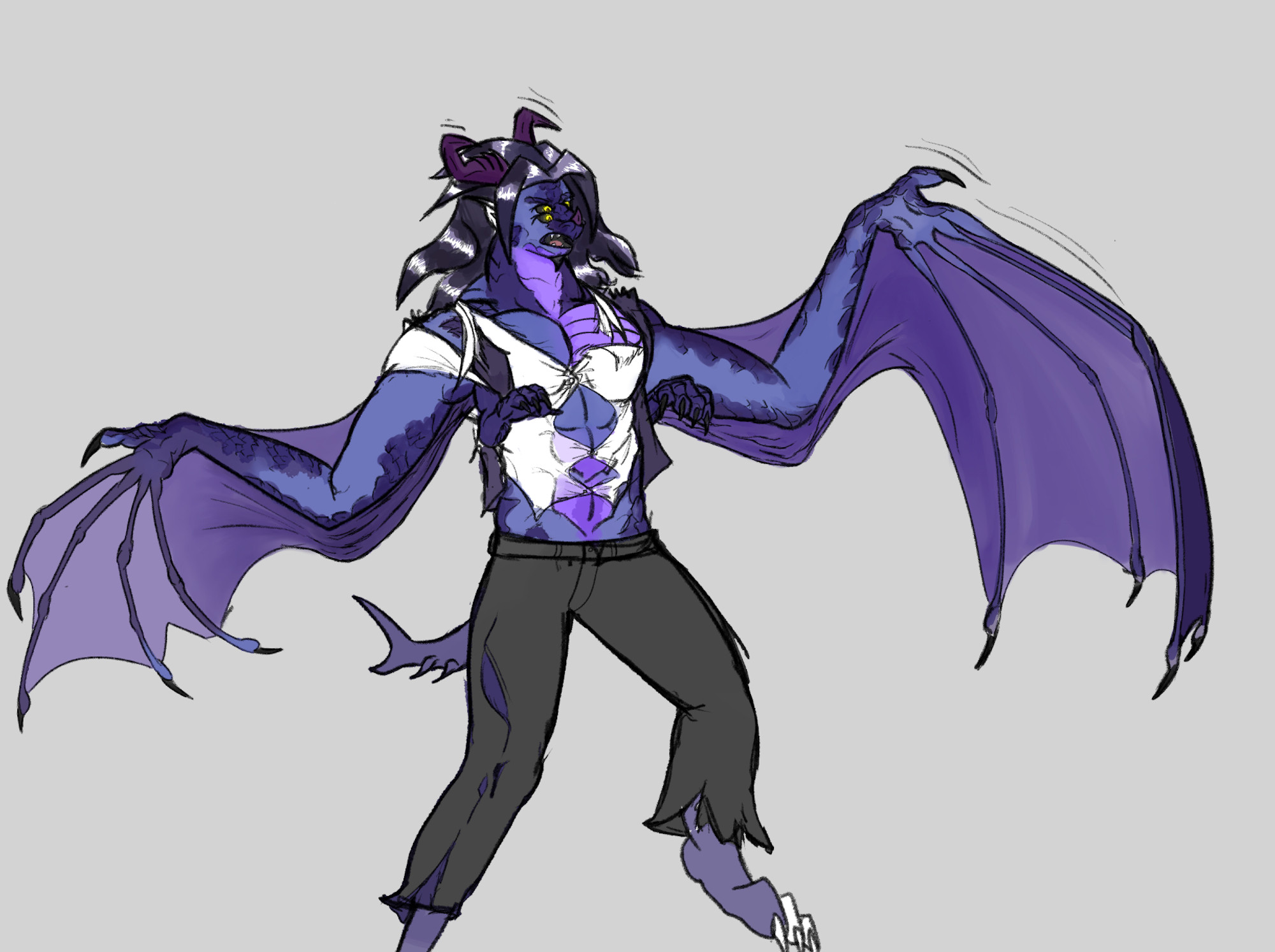 Tev transforming into a dragon, but his arms are becoming wings and he's just growing new forelegs