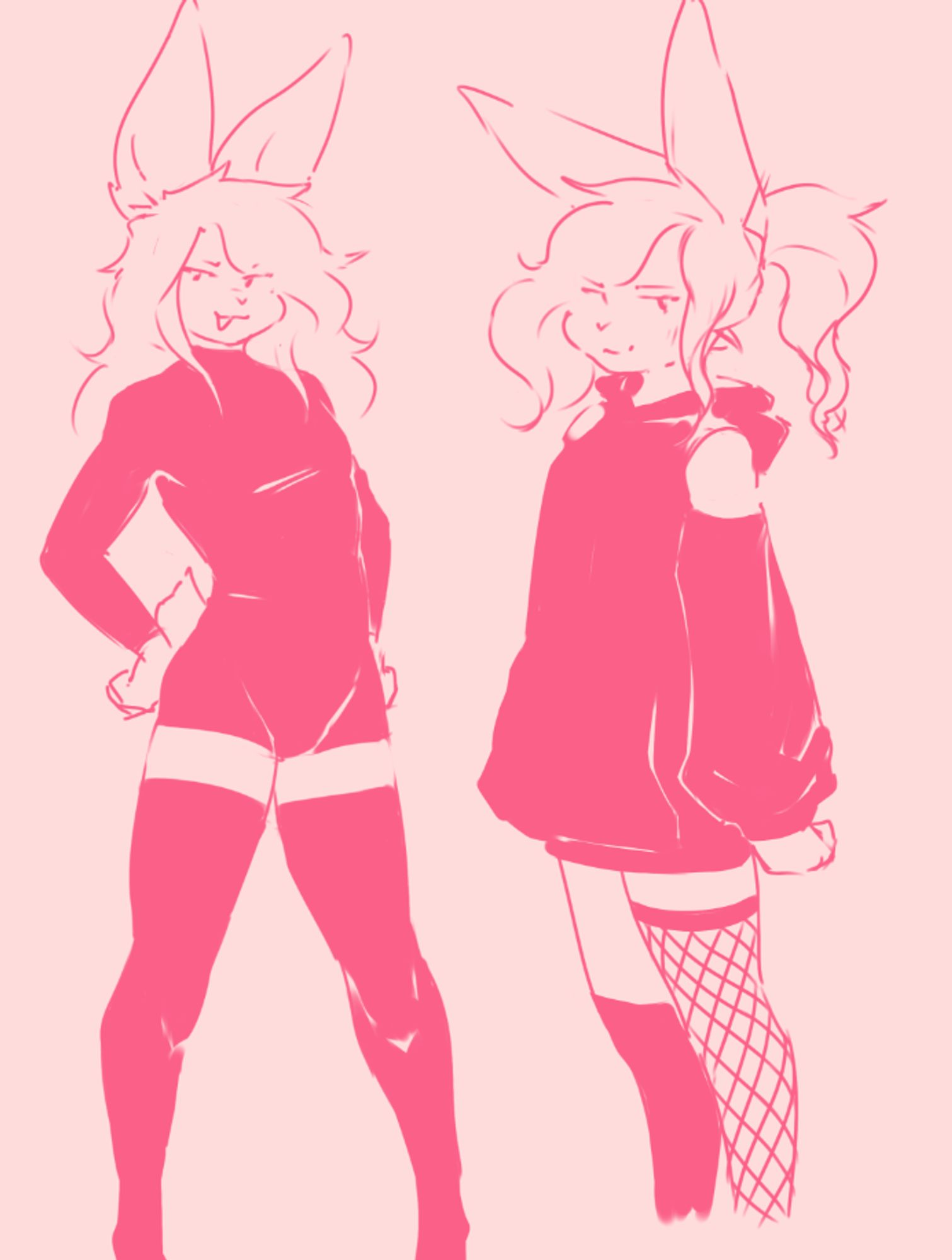 Two pink anthro bunnies in a two-tone style. The left one wearing a tight long-sleeve bodysuit with thigh highs and her hair down. The right one with a big hoodie revealing her shoulders, a fishnet legging and a knee-high sock with her hair tied up in a ponytail.