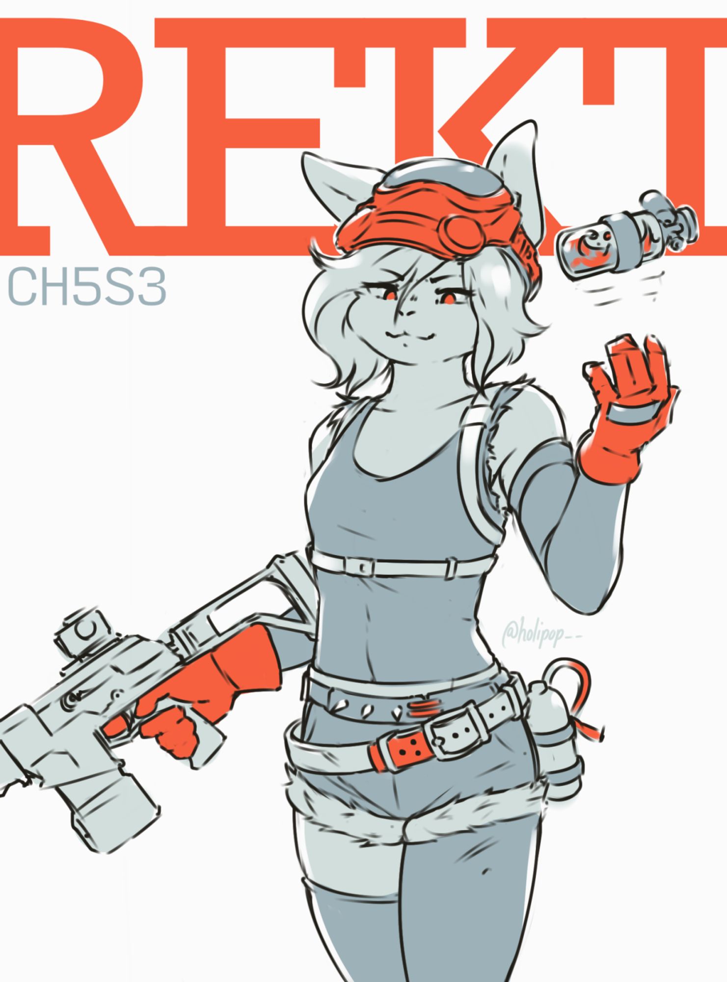 A bunny anthro in a cutesy mechanic's outfit, holding a rifle and tossing a canister. Behind her is the word "REKT" styled like a magazine cover.