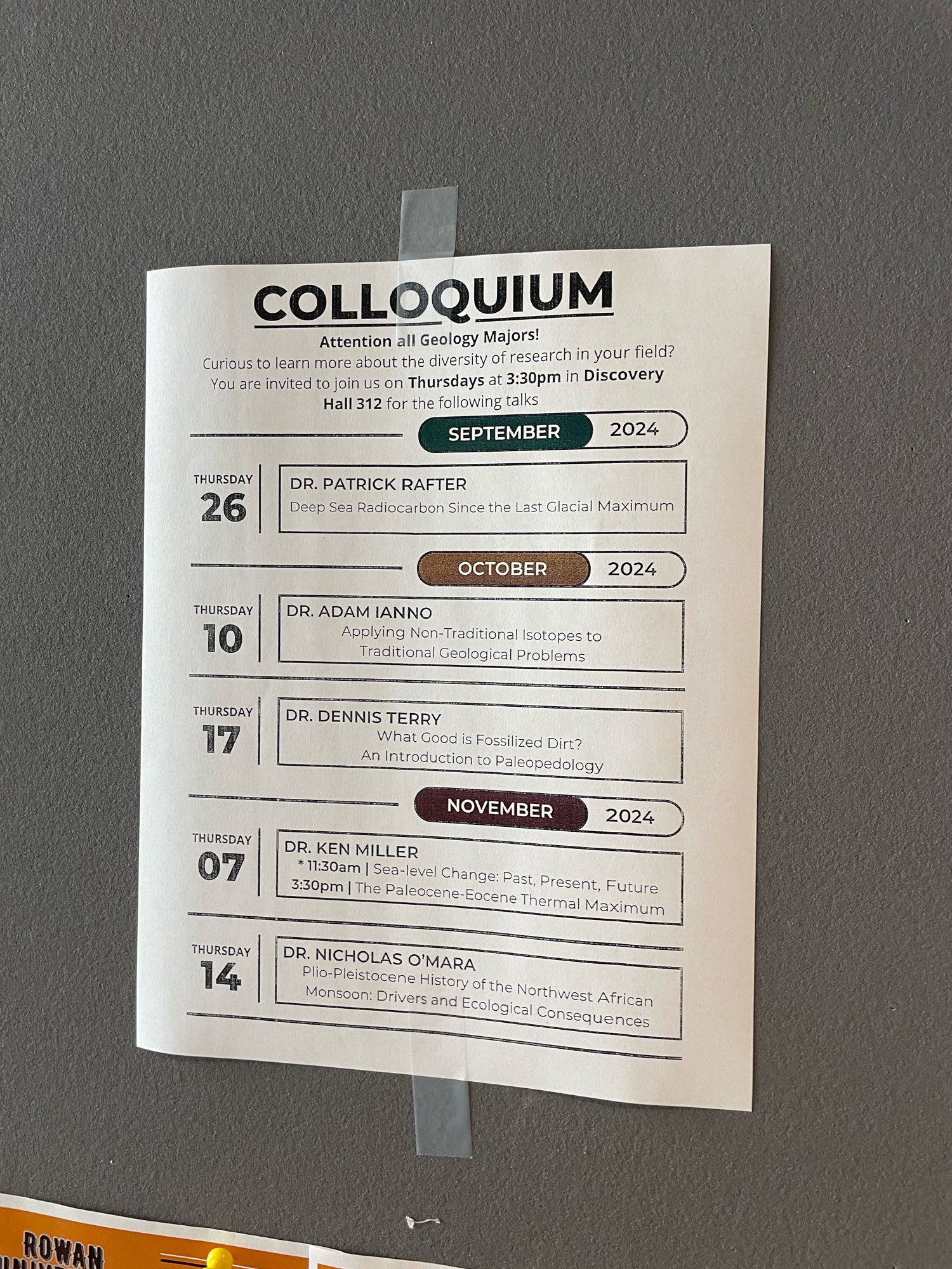 A poster listing the upcoming speakers for Rowan University’s Geology colloquium