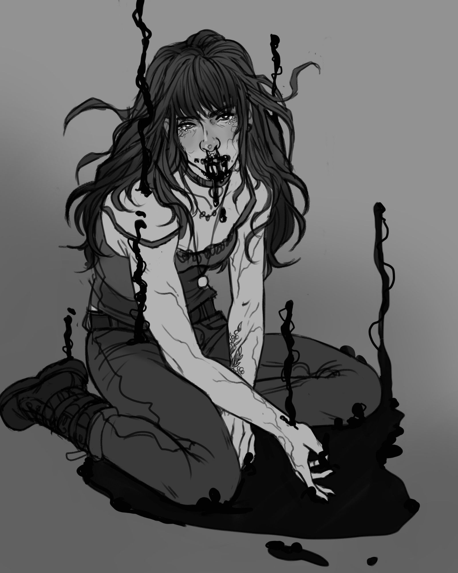 Art by FEARSICKNESSES on X.

A woman sits on her knees with boots and jeans and a tank top on, as an only darkness spreads out around her body and rises up into the air. Her right hand is reaching toward the ink while she looks at the POV. Inky darkness dribbles down her nose toward the ground. The picture is in black and white and has a semi realistic style.