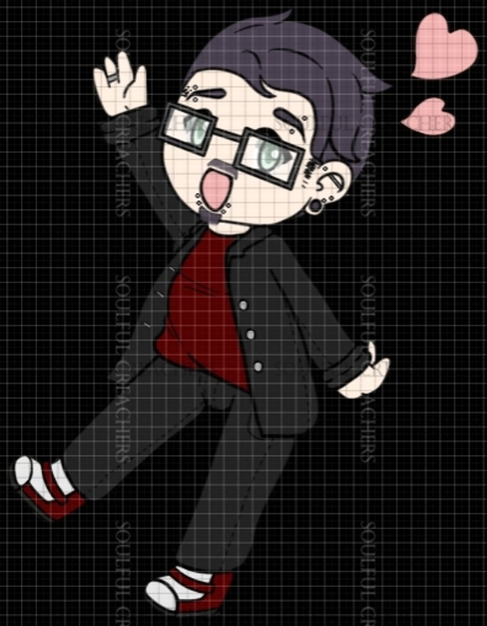 A male chibi with grayish black hair, seafoam green eyes, and lots of piercings waves at the reader with heaps of enthusiasm. It wears a red shirt, black pants and vest, and red / white shoes, and rectangular glasses. There are two hearts floating on the upper right side