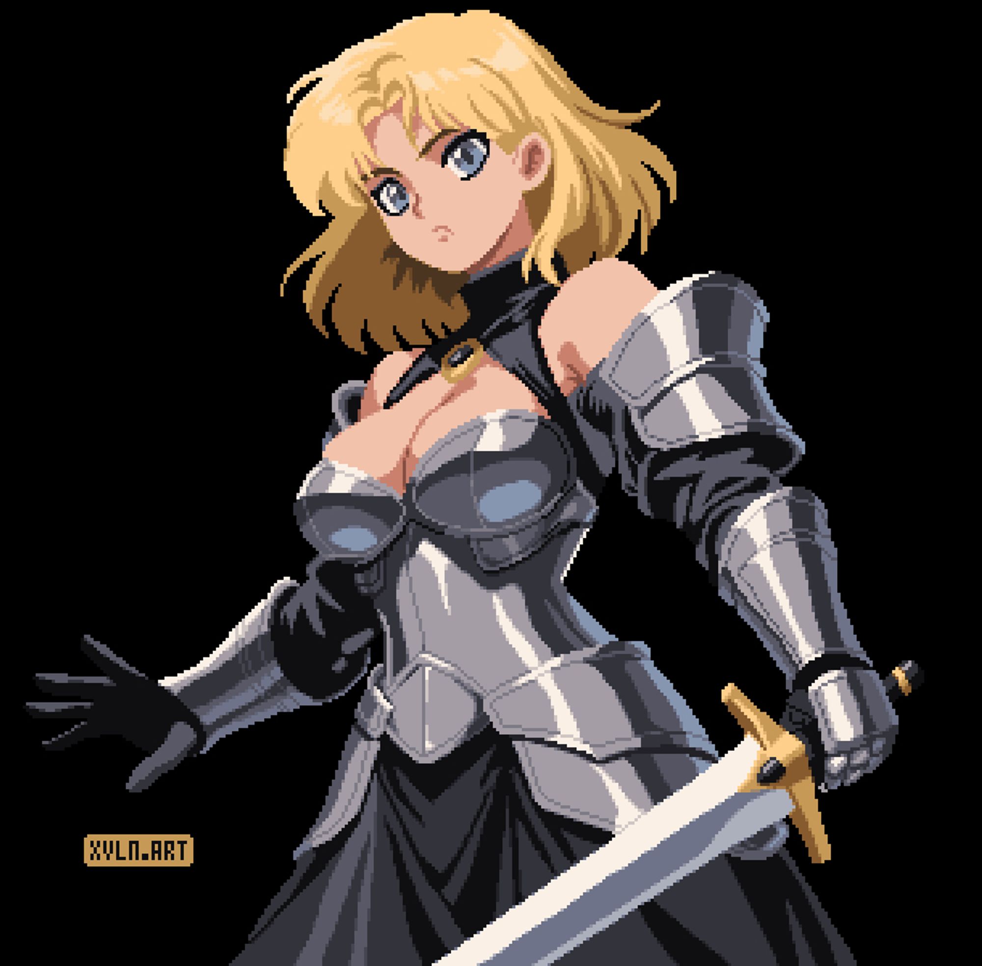 a pixel art picture drawn in an anime style. it's of a girl with blonde hair, and steel-blue eyes. she's wearing armor as if she's some sort of knight, although it exposes cleavage, so it's not exactly historically accurate armor. she's also holding a sword with gold and black trim.