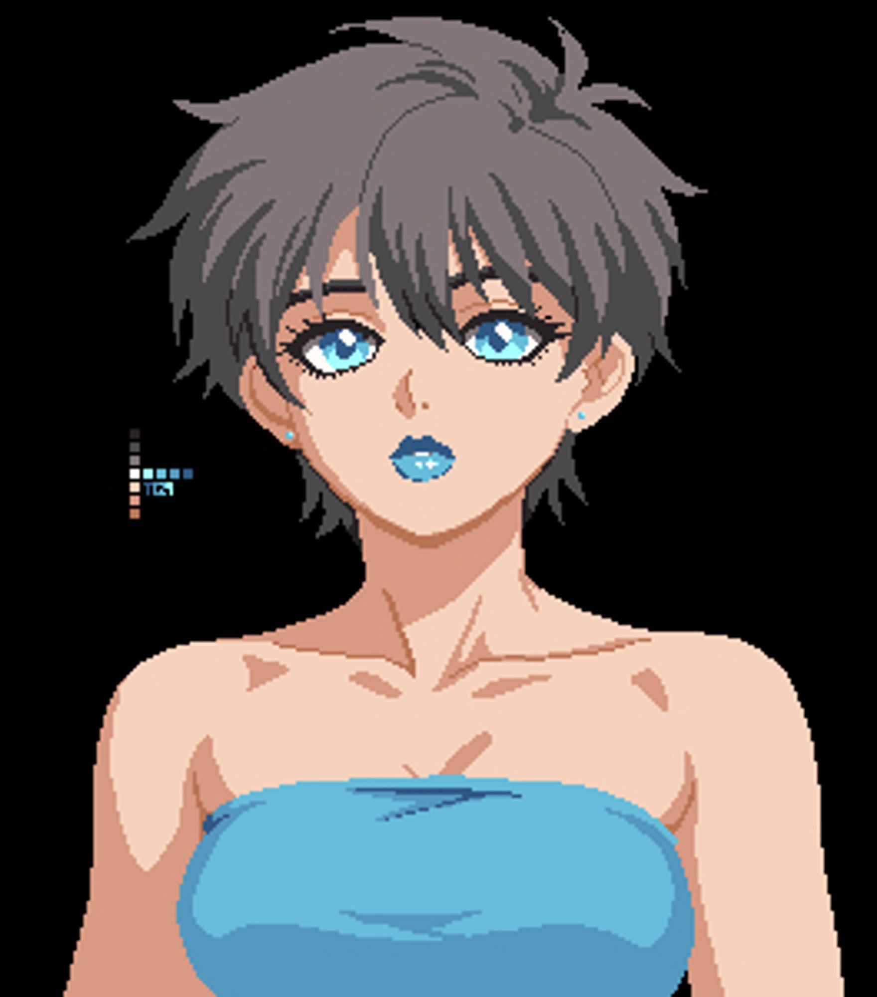 a pixel art picture drawn in an anime style. it's of a girl with black hair and blue eyes who is wearing a blue crop-top and blue lipstick.