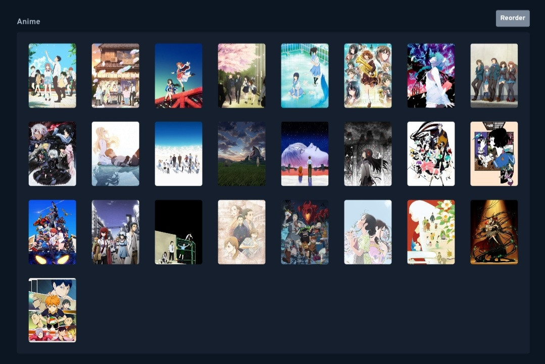 (Left to right, top to bottom)
Silent Voice, Sangatsu no Lion S2, Revue Starlight: The Movie, Hyouka, Liz and the Blue Bird, Hibike Euphonium S3, Owarimonogatari S2, Disappearance of Haruhi Suzumiya, Case Study of Vanitas S2, Maquia, Evangelion 3.0+1.0, Shinsekai Yori, End of Evangelion, Madoka Rebellion, Houseki no Kuni, Tatami Galaxy, Gridman Universe, Steins;Gate, Sonny Boy, Showa Genroku Rakugi Shinju, Dungeon Meshi, In this corner of the world, Heike Monogatari, The Ancient Magus Bride, Haikyu!! S2