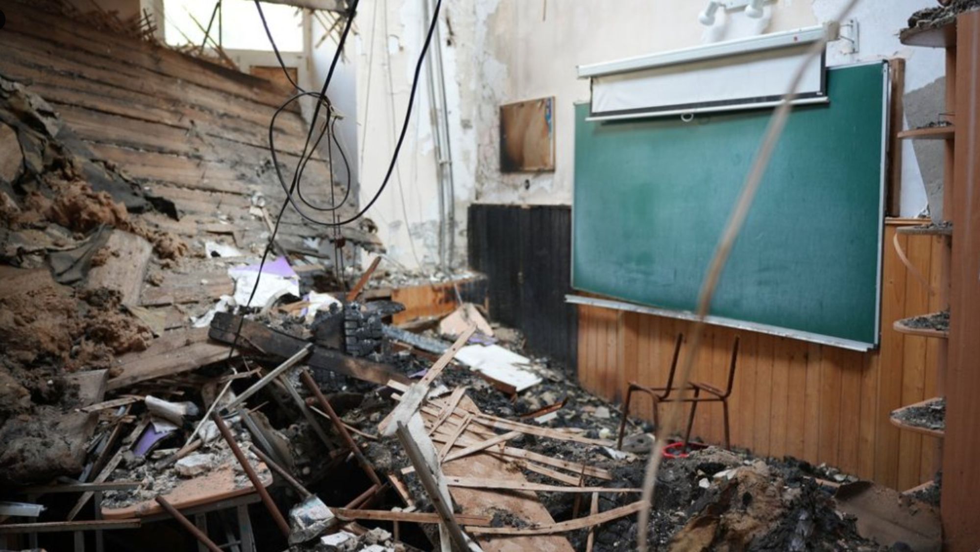 A destroyed classroom due to the Russian invasion in Ukraine