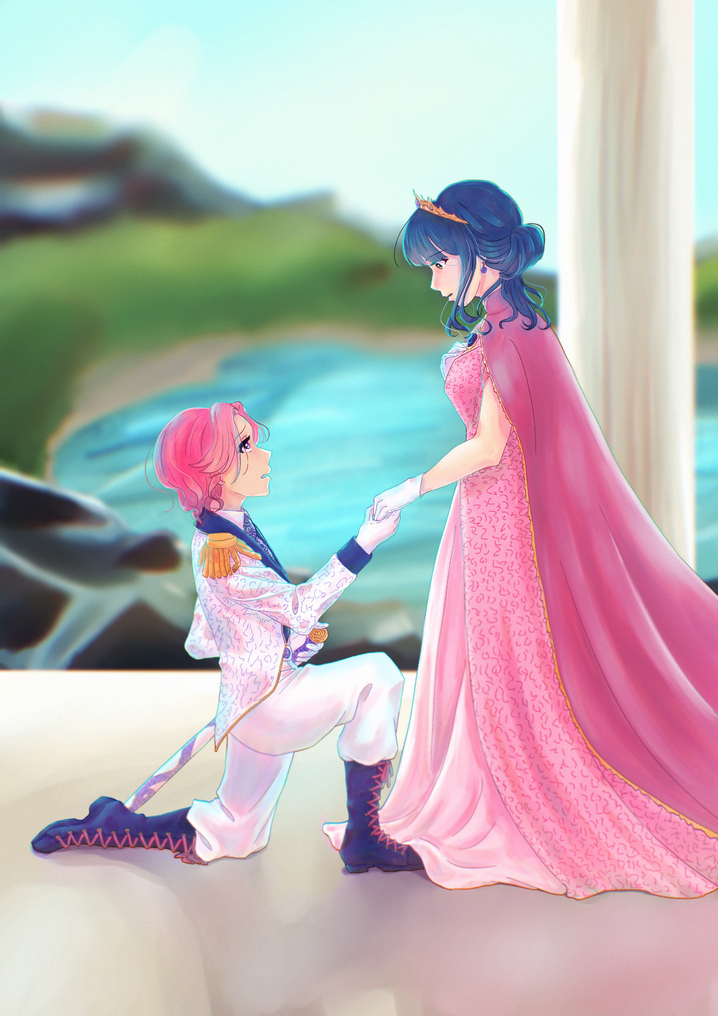 A pink/haired female knight dressed in a white and purple uniform kneels in front of a princess, grasping her hand. The knight's hair is short. The princess has blue hair in an updo with a few loose tufts at her nape. She's dressed in a fancy dress and cape, both of which trail along the white marble. You can see a very blurry reflection of the two on the floor. Behind them is a view of a lake surrounded by hills and mountains. Behind the princess is a thick, marble pillar.