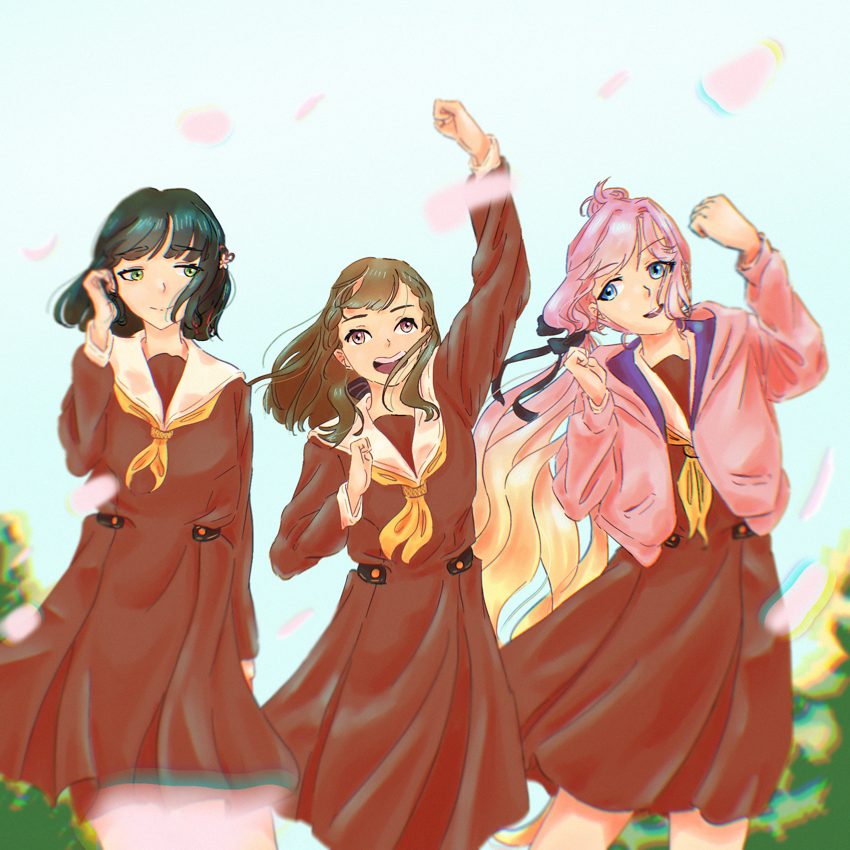 Three girls in school uniforms with sailor collars posing for a picture in the wind.  All their uniforms have yellow scarves tied underneath their collars.
The girl on the left has black, shoulder length, green-toned hair that she's pushing behind her left ear with her left hand. 
The girl in the middle has brown hair that reaches her chest. Her left hand is in front of her chest, closed in a fist. Her right hand is also in a fist, but lifted above her head. Her mouth is open as if she's saying something. 
The girl on the right has long hair that almost reaches her knees. It's pink on top, but slowly transitions to blond around chest-height. She's looking at the girl in the middle and is in the process of mimicking her pose.
Their posing in front of a blue sky and some green bushes.