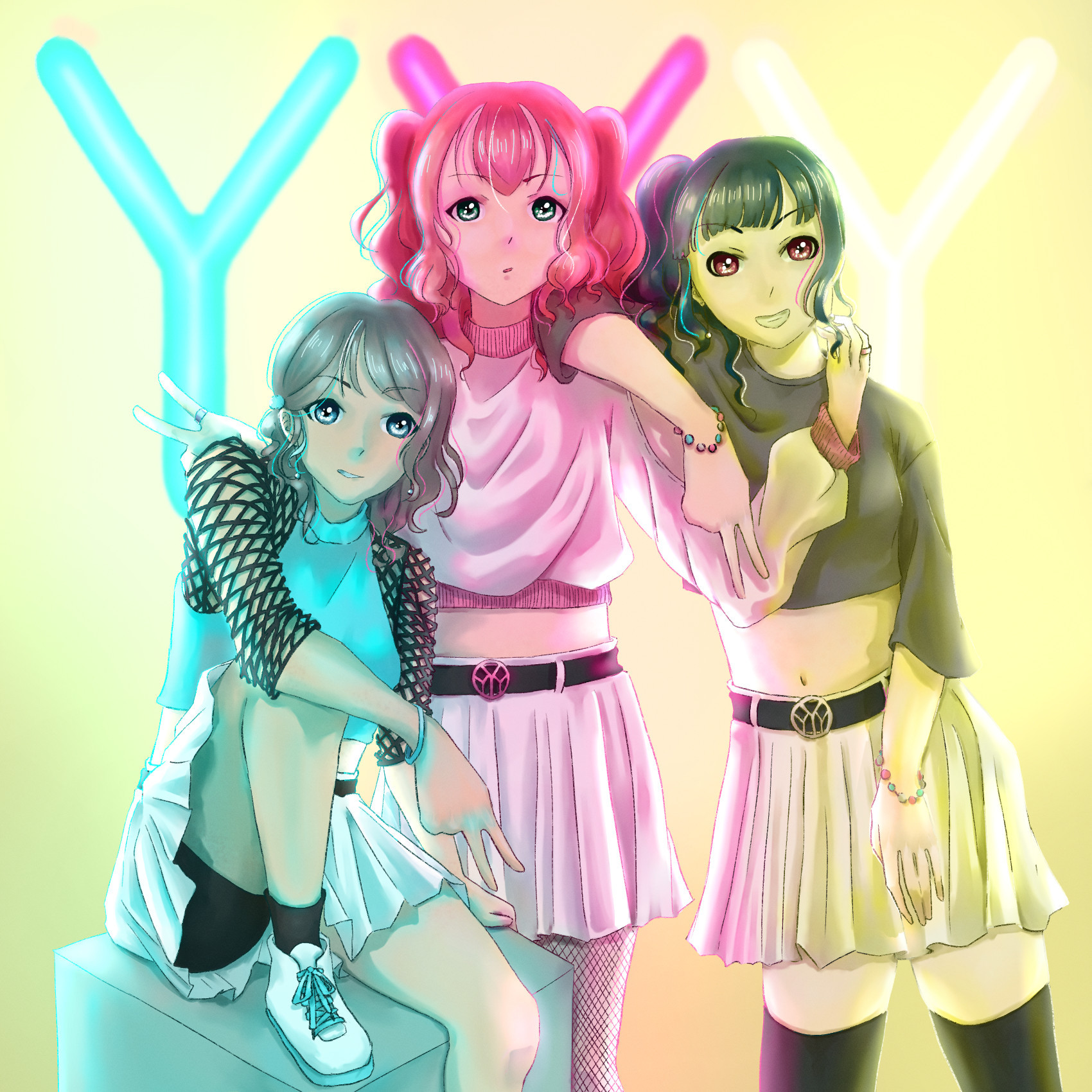 Three girls posed in front of three noen light Ys. One is light blue, one is bright pink, and one is yellowish white.
The girl on the left is sitting on a grey box. Her left leg is propped up on the box and her left arm leans on her left knee. She's making a peace sign with her left hand with the back of her hand facing the camera. She has grey-ish, wavy, shoulder length hair. She's wearing  a light blue cropped shirt with black net 3/4 length sleeves, a white skirt that reaches her mid-thigh with black tight shorts underneath and a belt. She has black socks in white high tops with light blue laces and soles. She's also wearing a light blue bangle on her left hand.
The girl in the middle stands behind the box. She has one hand in a piece sign on the shoulder of the girl on the left and the other lightly touching the right side of the neck of the girl on the right, who's leaning her elbow on her shoulder. She pink, shoulder-length hair, with half of it tied in pigtails. She has the same skirt as the girl on the left, but with fishnet tights underneath. She's wearing a white cropped sweater with pink cuffs, neckline and waistband. She's wearing pink rings on both of her 2nd fingers.
The girl on the left has dark hair with a blue-ish tint in a side ponytail. She's wearing the same skirt as the other two with a loose, dark grey crop top with 3/4 length sleeves. She has black thigh-high socks- She's wearing bead bracelets with light blue, pink and white beads on both arms.
The girls are being lit by blue, pink and yellow-ish white light from the front too.