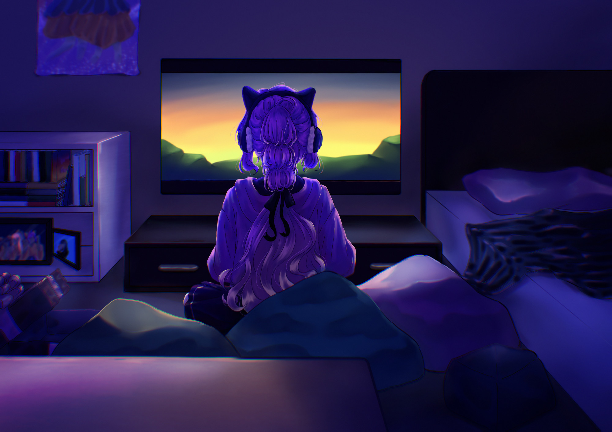 a drawing of a girl with a long ponytail with three bulb-like sections on top. Her back is facing the camera. She's sitting on the floor watching a screen in her bedroom, surrounded by pillows. On the floor to the left is a large gift-box with a ribbon. The only light in the room is coming from the screen and everything is painted in hues of blue and purple. 