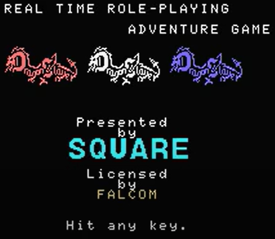 Title screen of Dragon Slayer (MSX), which was a port of the Falcom title published by Square as one of their earliest games. 