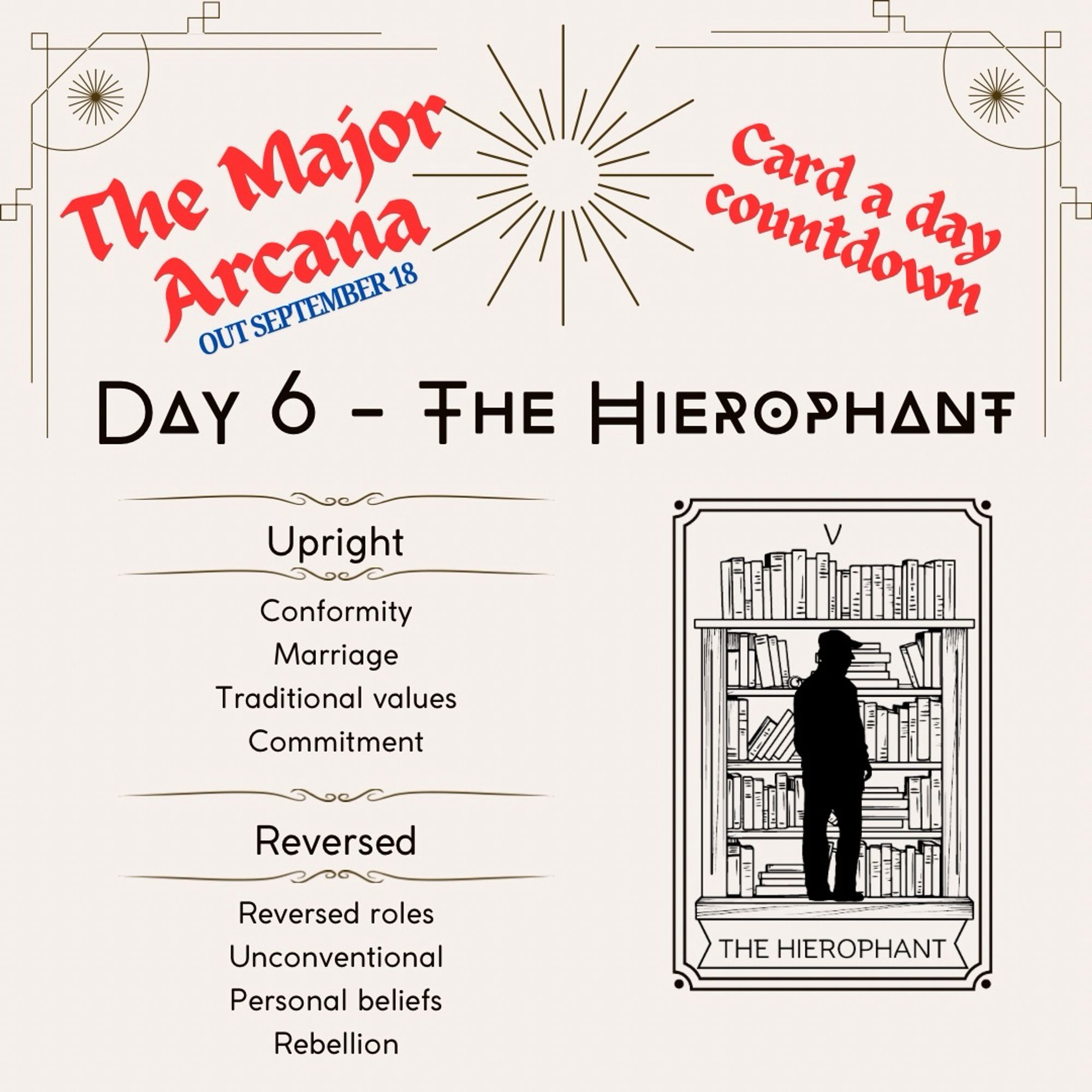 A graphic showing the hierophant tarot card with the below meanings

Upright:
Conformity
Marriage
Traditional values 
Commitment 

Reversed:
Reversed roles 
Unconventional 
Personal beliefs
Rebellion