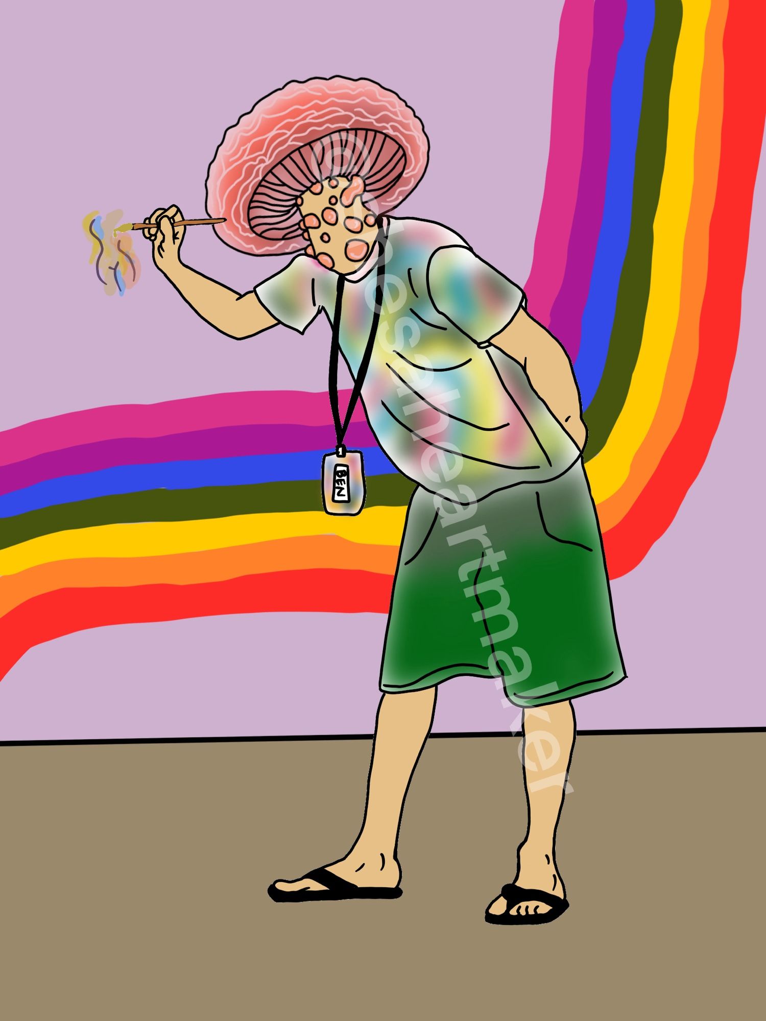 A digital drawing of my buddy Ben, he’s tall, wearing a tie dye shirt, green shorts and he has a cute pink bubbly mushroom for a head. He’s painting on a wall.