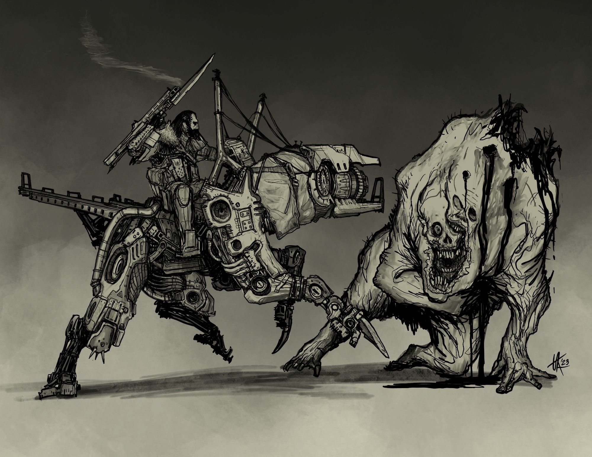 A mutant being hunted by a rider on mechanical horseback.