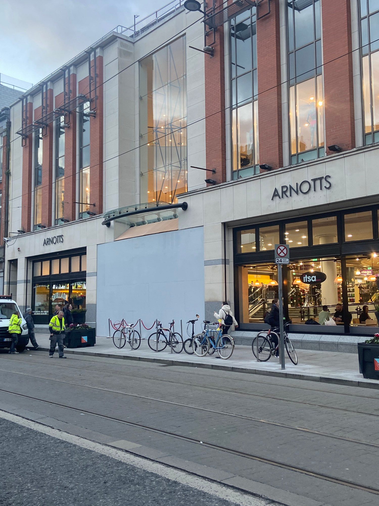 Arnotts department store Dublin, boarded up after rioting.