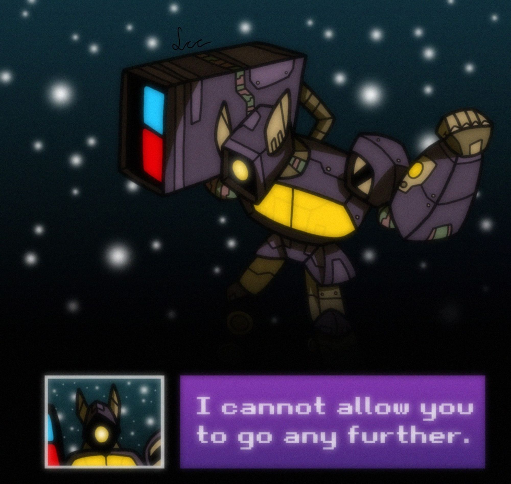 At the end of a game level in space, your path is blocked by Shockwave, a purple one-eyed Decepticon with a huge cannon for an arm ready to fight.

His intentions are clear: "I cannot allow you to go any further."