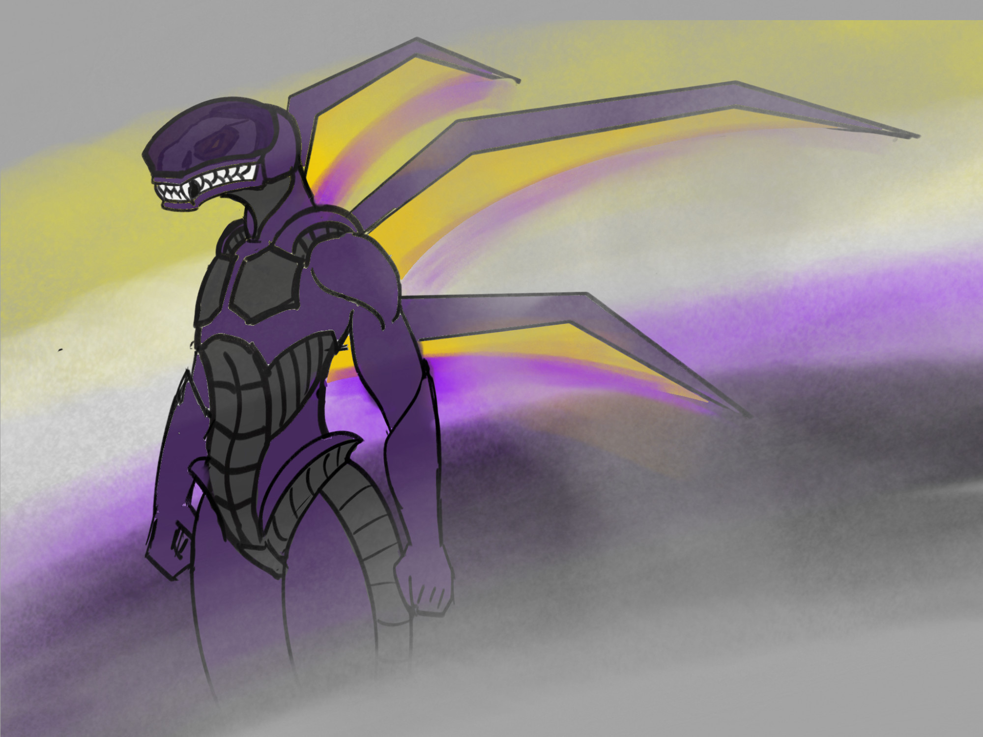 A drawing of Orcel with their back protrusions extended like wings. There's a multi-colored glow below those protrusions, and the background is a sketchy representation of the Non-binary Pride Flag.