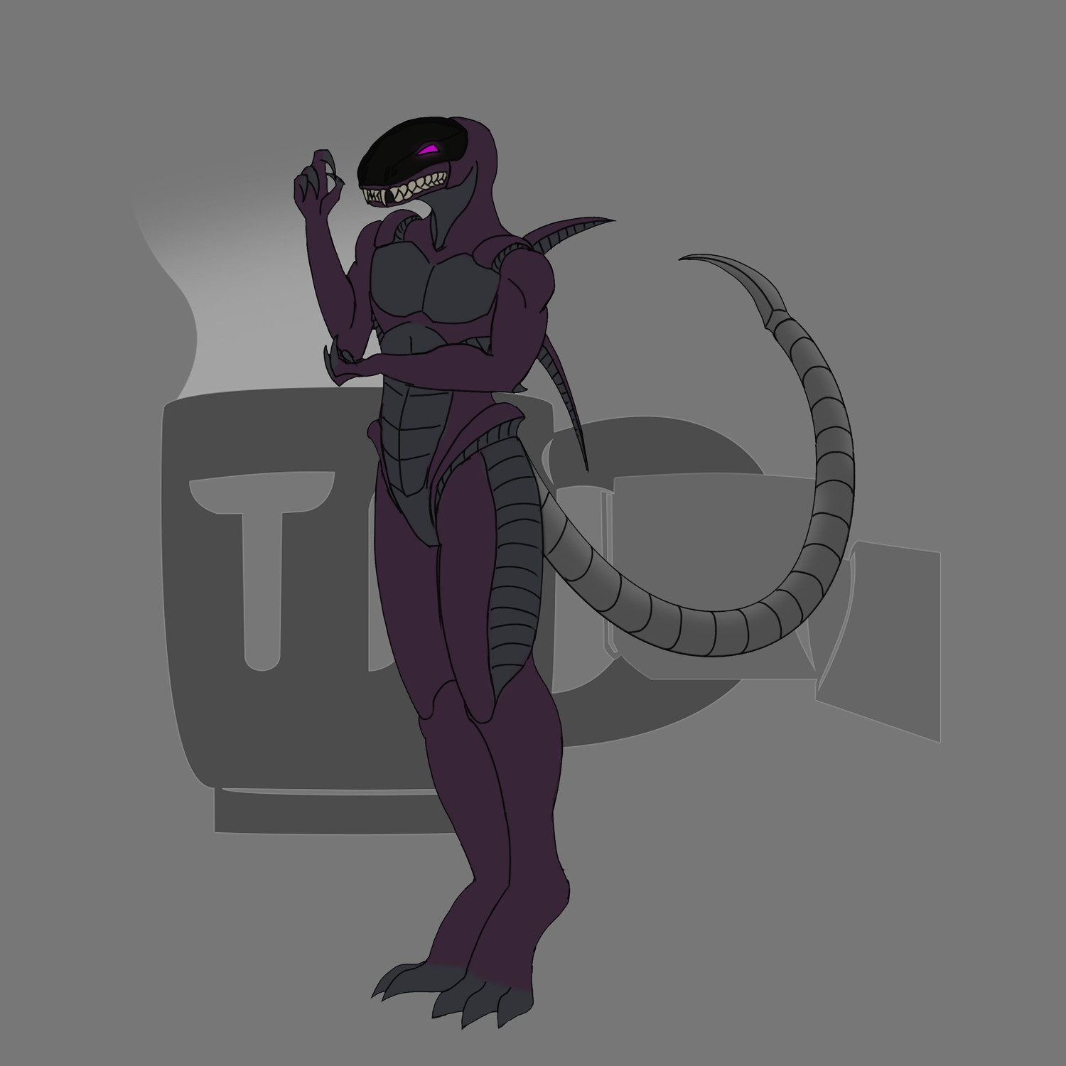 A portrait of an alien cyborg lizard character named Orcel, the have a Xenomorph motif to their design, complete with long mechanical prehensile tail ending with a sharp spike. Orcel has no lips so their teeth are always bared, and the upper half of their head is covered with a tinted visor.