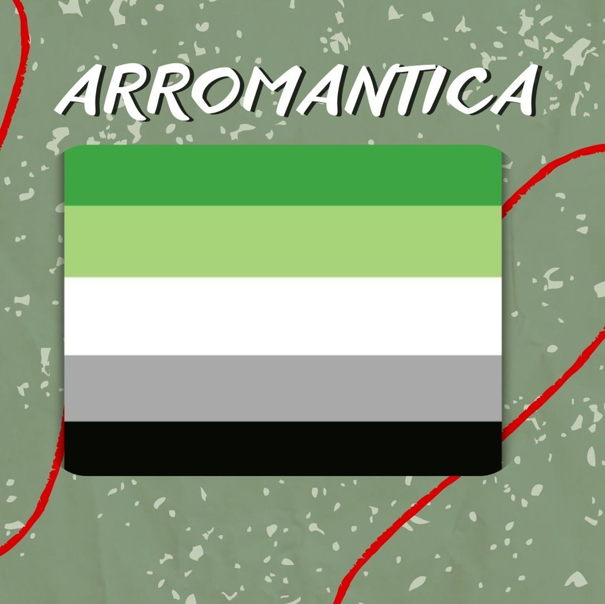 bandeira arromântica em tom de verde escuro, verde claro, branco, cinza e preto.