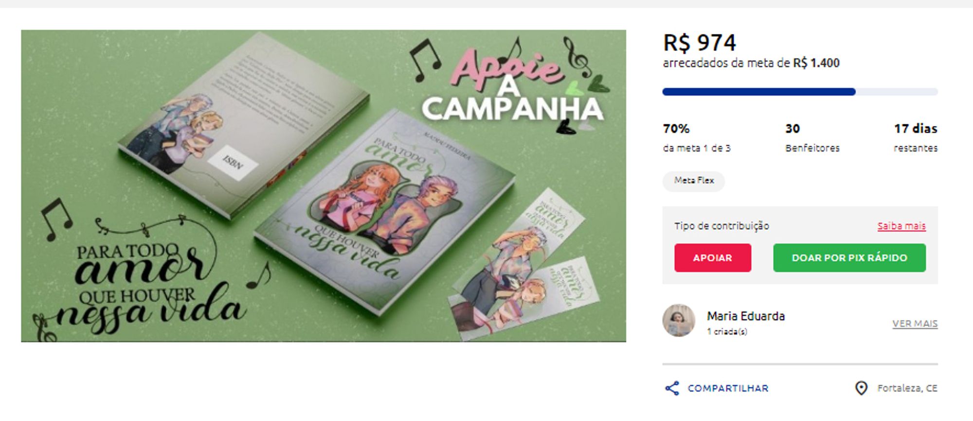 Projeto com 70% de apoio, ou seja, 974 reais. 
30 apoiadores e 17 dias para fim do projeto.