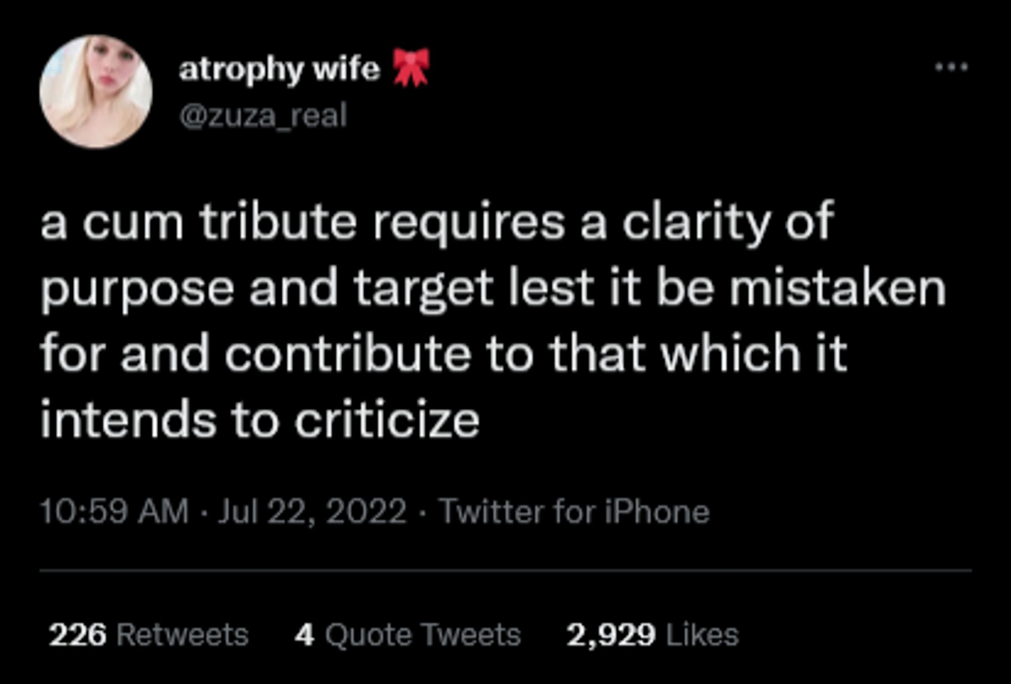 Tweet from atrophy wife 🎀 (@zuza_real):

a cum tribute requires a clarity of purpose and target lest it be mistaken for and contribute to that which it intends to criticize