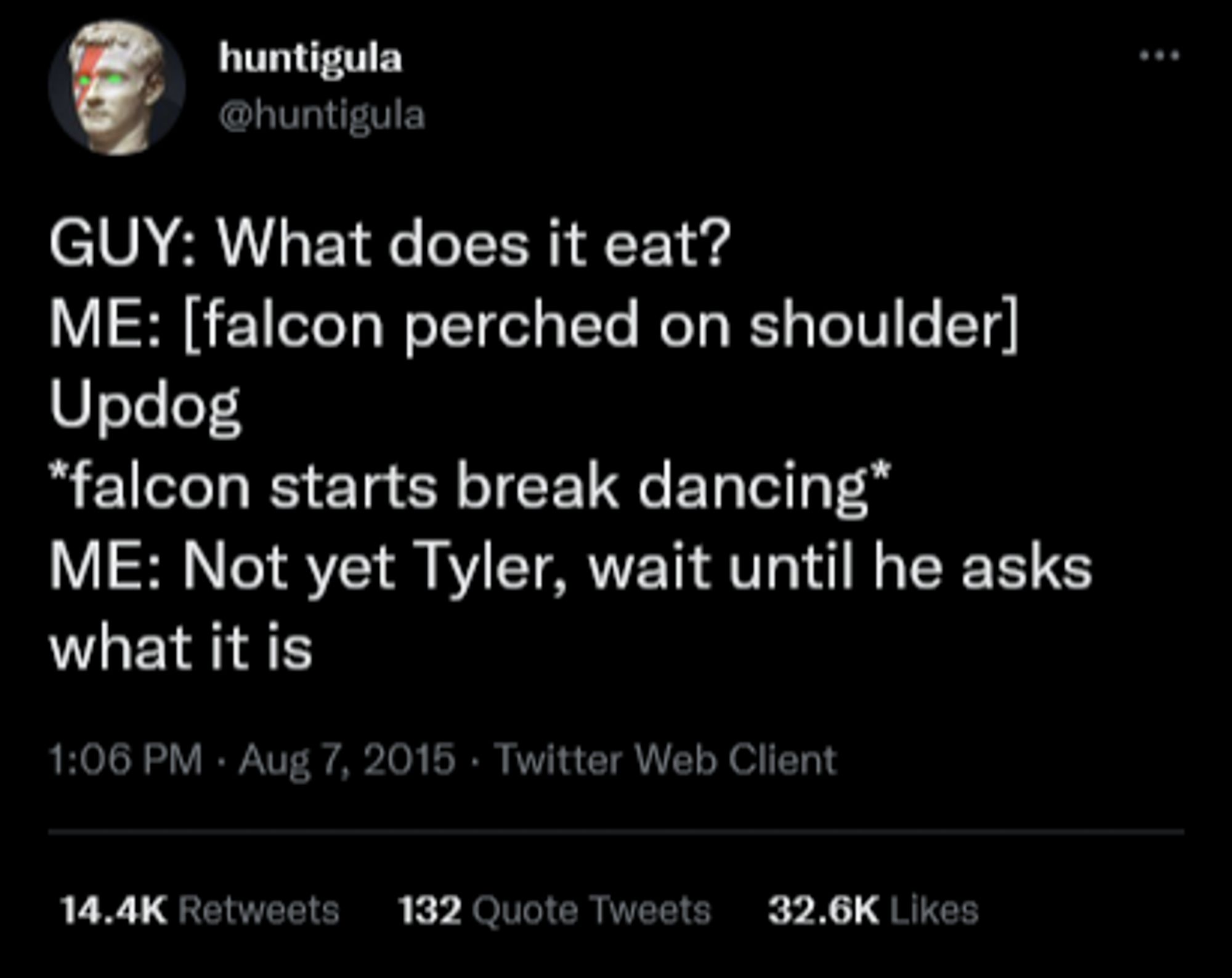 Tweet from huntigula (@huntigula):

GUY: What does it eat?
ME: [falcon perched on shoulder] Updog
*falcon starts break dancing*
ME: Not yet Tyler, wait until he asks what it is