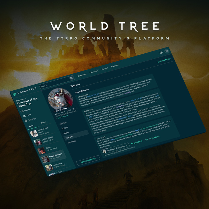 A screenshot of the World Tree website against a backdrop of art from Ede László for Sine Nomine Publishing