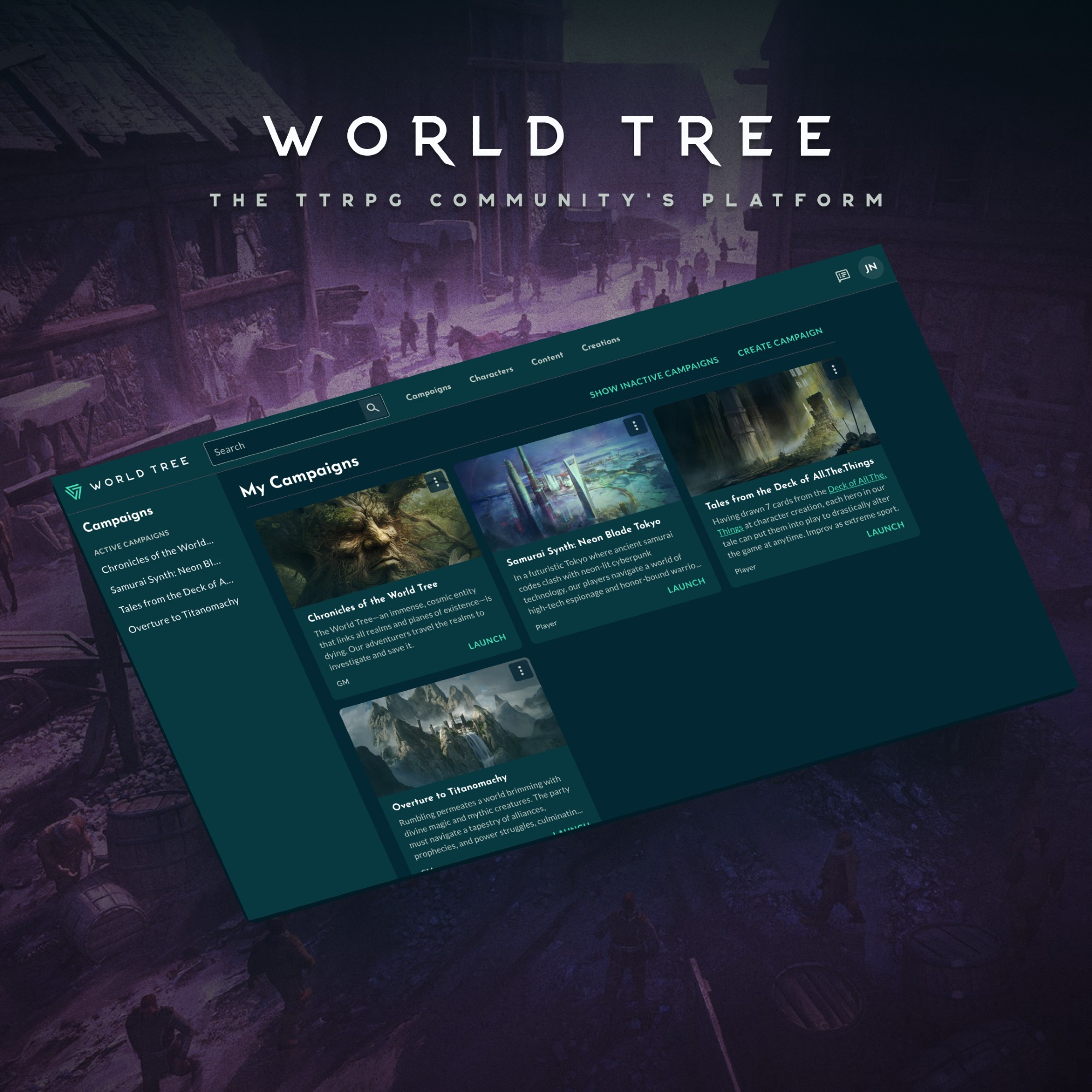 A screenshot of the World Tree website against a backdrop of art from Ede László for Sine Nomine Publishing