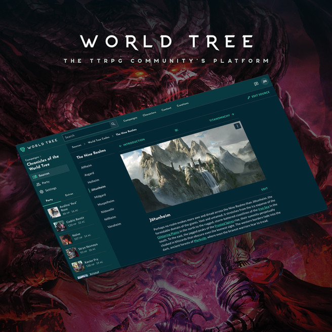 A screenshot of the World Tree website against a backdrop of art from Tan Ho Sim for Sine Nomine Publishing