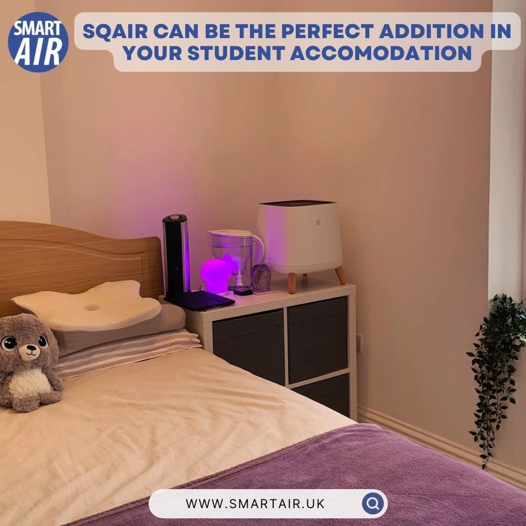 A student accommodation room with Sqair Air Purifier