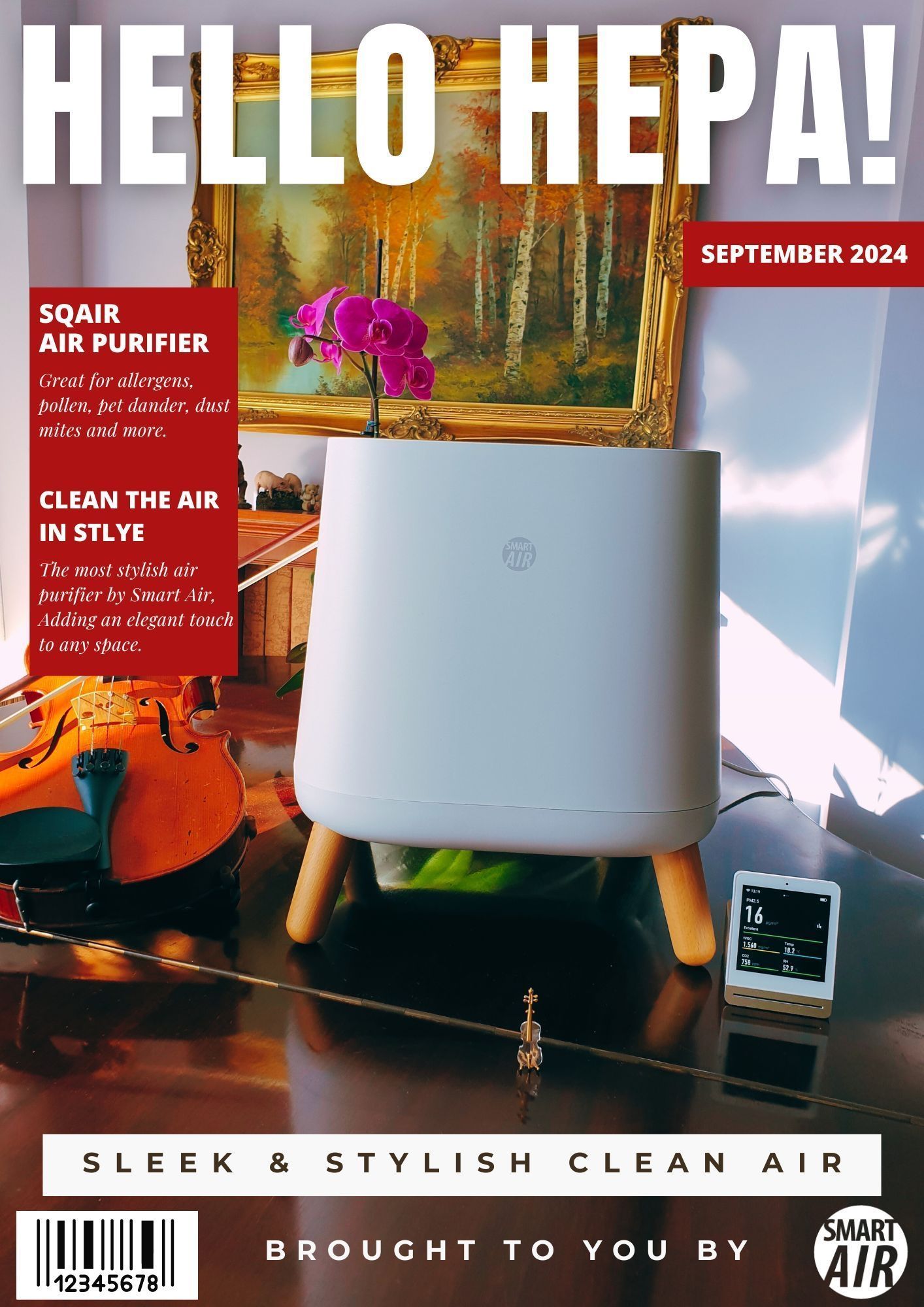 A sleek and stylish air purifier, called the "Sqair Air Purifier," is placed on a wooden surface near a violin and a small plant. The text emphasizes the purifier's benefits for allergens, pollen, pet dander, and dust mites, while promoting its elegant design. The headline "Hello HEPA" and the tagline "Sleek & Stylish Clean Air" are also present.