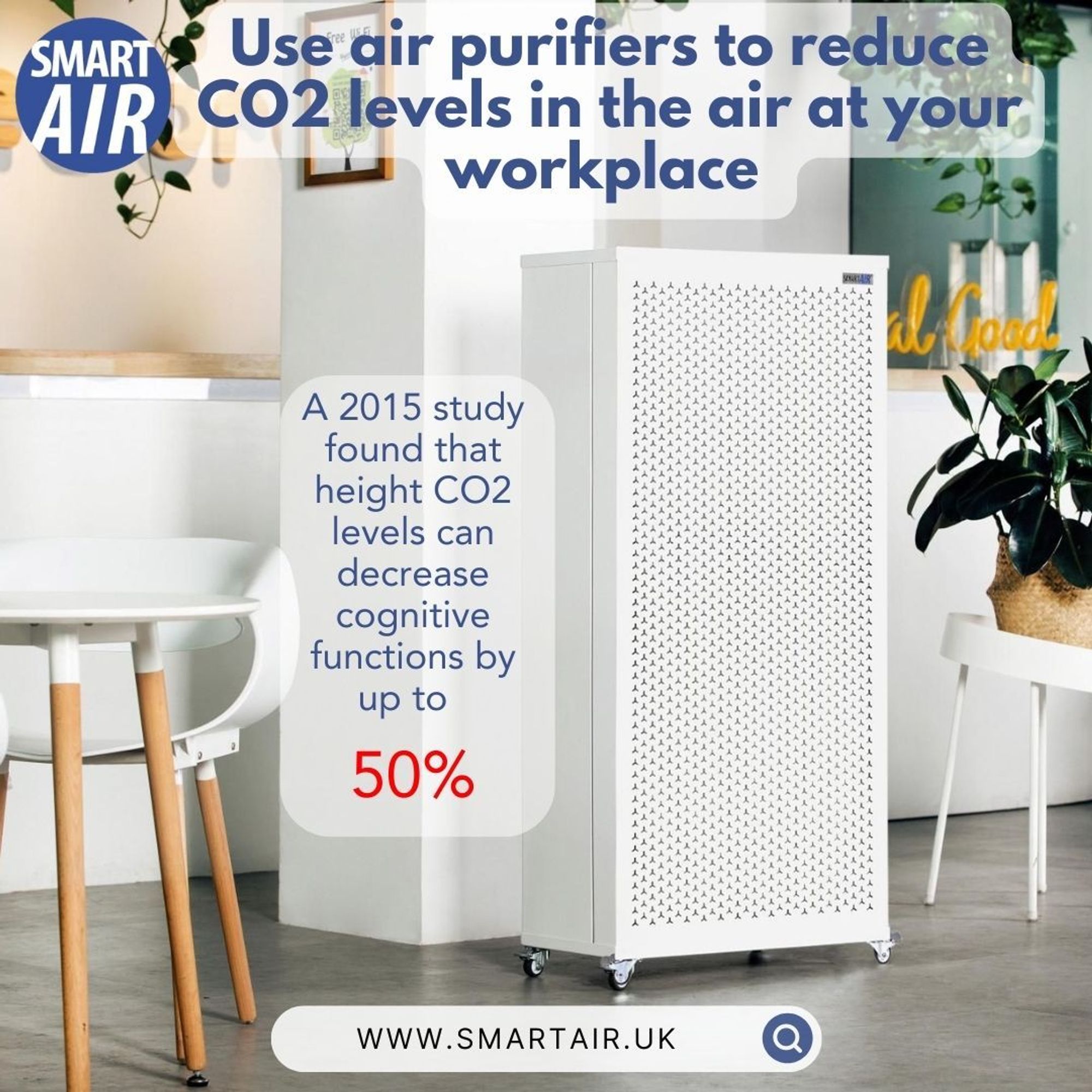 A tall, white air purifier with a modern design (Smart Air’s Blast Air Purifier) stands next to a small white table and chair in a minimalistic office setting. The promotional message emphasises the reduction of CO2 levels and their impact on cognitive function, citing a study from 2015 which found that high CO2 levels can decrease cognitive function by up to 50%.