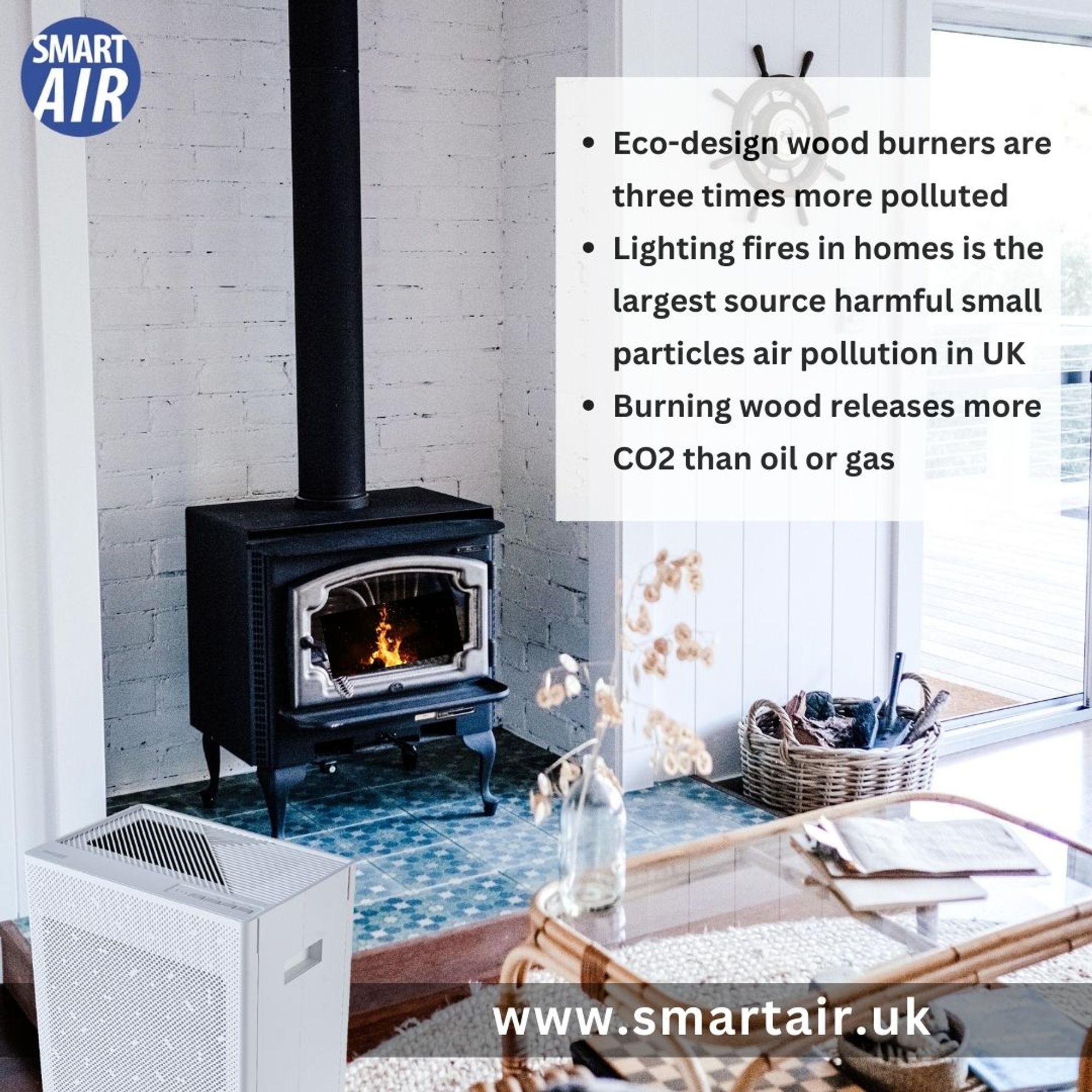 Image: background wood burning stove with the SA600 air cleaner from Smart Air. Text bullets: Eco-design wood burners are three times more polluted; Lighting fires in homes is the largest source harmful small particles air pollution in UK; Burning wood releases more CO2 than oil or gas